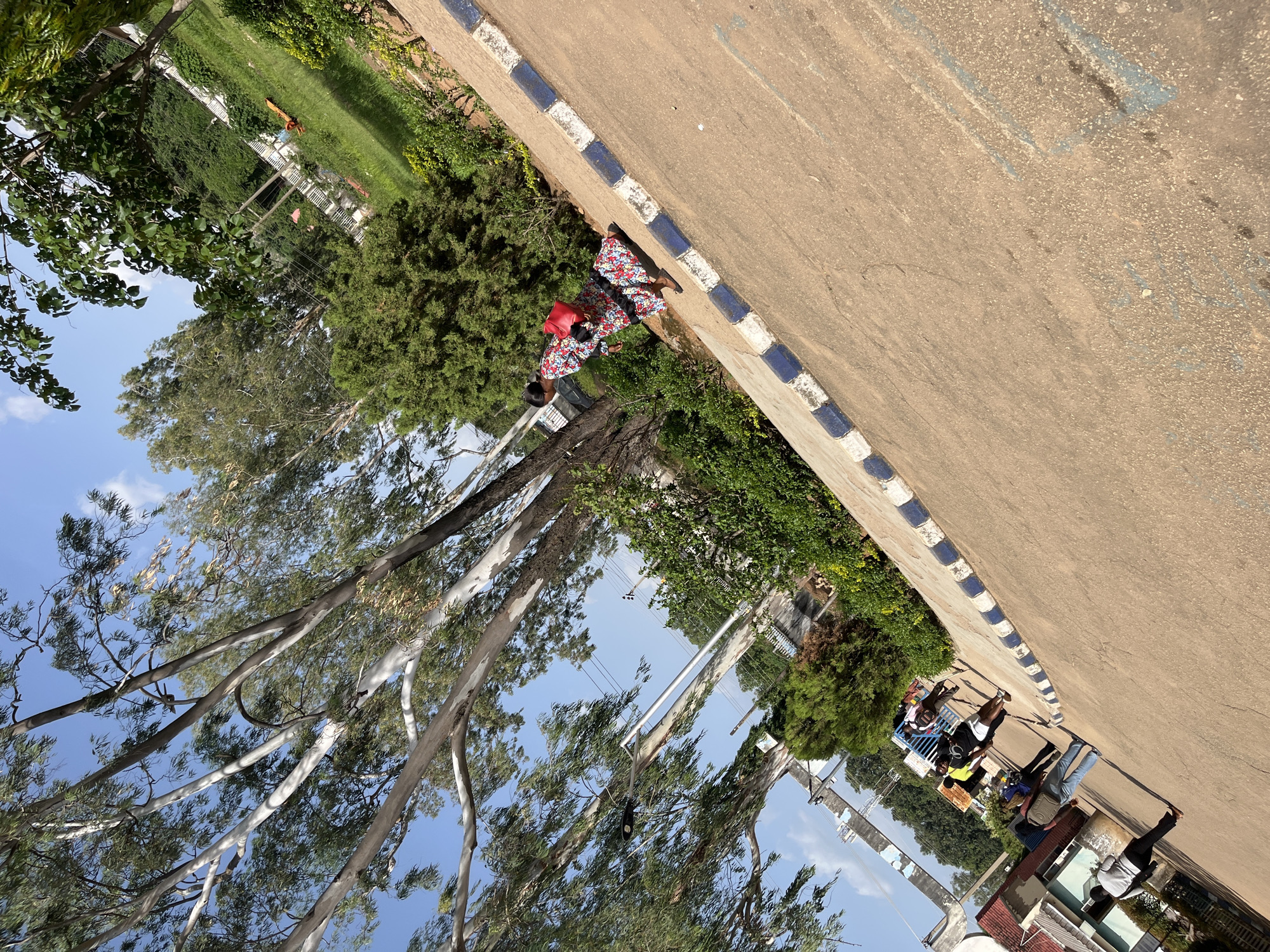 A street scene in Jos, Nigeria, with a woman in a colorful floral dress standing on a paved road. She has a red bag on her shoulder. Several trees with light-colored bark and green leaves are visible in the background, along with lush green foliage. A blue and white striped curb runs along the edge of the road. In the distance, a group of people are gathered near a blue fence. One person is sitting on a bench, and others are standing. Further in the background, there are buildings and more trees. The sky is clear and blue, suggesting a bright, sunny day. The overall scene appears to be a public area with both natural elements and signs of human activity.