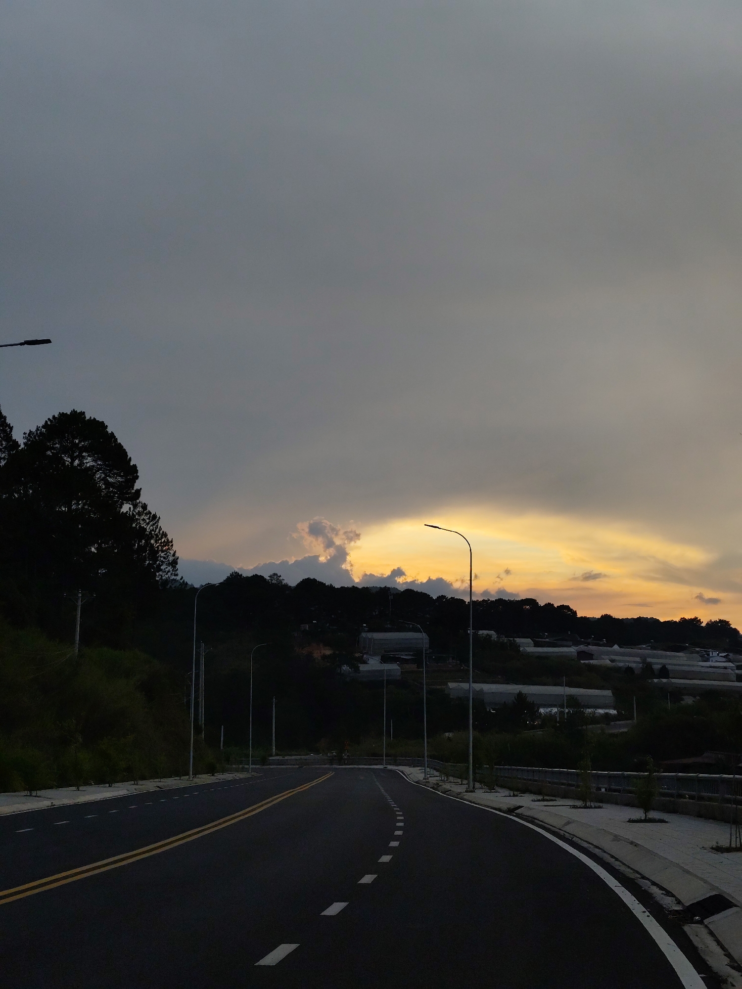 The image depicts a road in Da Lat, Vietnam, at dusk. The road is asphalt, with yellow dividing lines and white lane markings. Streetlights illuminate the road. The sky is overcast, with a band of orange light along the horizon. A wooded hillside is on the left. Greenhouses are visible in the background. There are no people visible in the image.