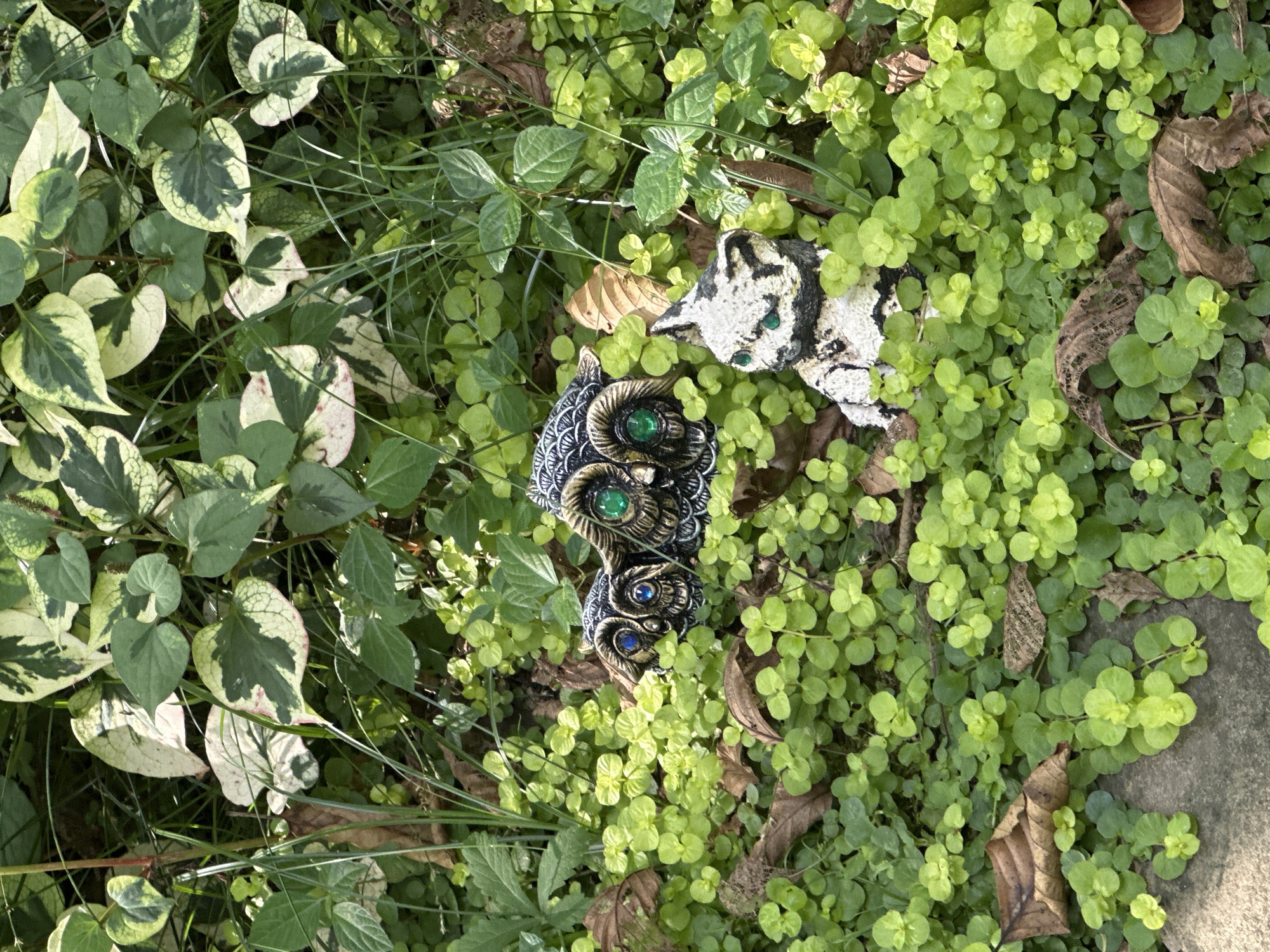 In the city of Bol'shoi Kichmai, Russia, a close-up, high-angle shot captures a garden scene. The ground is covered in lush, low-growing green vegetation interspersed with dried brown leaves. Two garden ornaments are partially visible amidst the foliage. To the left, a dark, intricately detailed ornament resembling an owl's head is adorned with green and blue gemstone eyes. To its right, a white and black speckled cat ornament, also with green gemstone eyes, is situated in the foreground. The background is dominated by larger green and variegated leaves from a taller plant, creating a dense, natural setting.