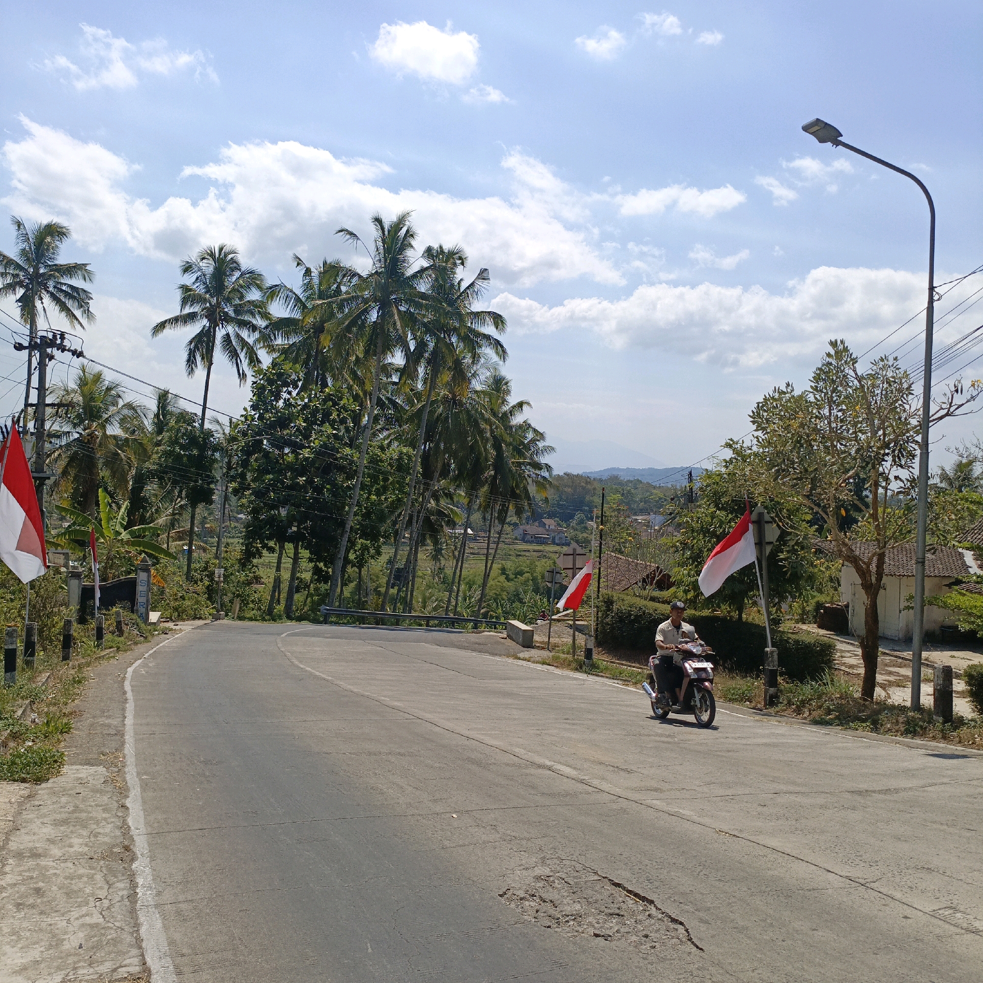 The image depicts a rural road scene in Nyamat, Indonesia, on a bright, sunny day with scattered clouds. A paved road curves to the right, with a concrete sidewalk on the left. Several Indonesian flags, red and white, are mounted on poles along the roadside. Tall palm trees dominate the vegetation, interspersed with other greenery and some residential buildings in the background. A man is riding a maroon scooter on the right side of the road, heading away from the viewer. The road surface shows signs of wear, with some cracks and potholes visible. Utility poles with electrical wires are present on the left side of the road. The overall impression is that of a typical village road in a tropical climate.