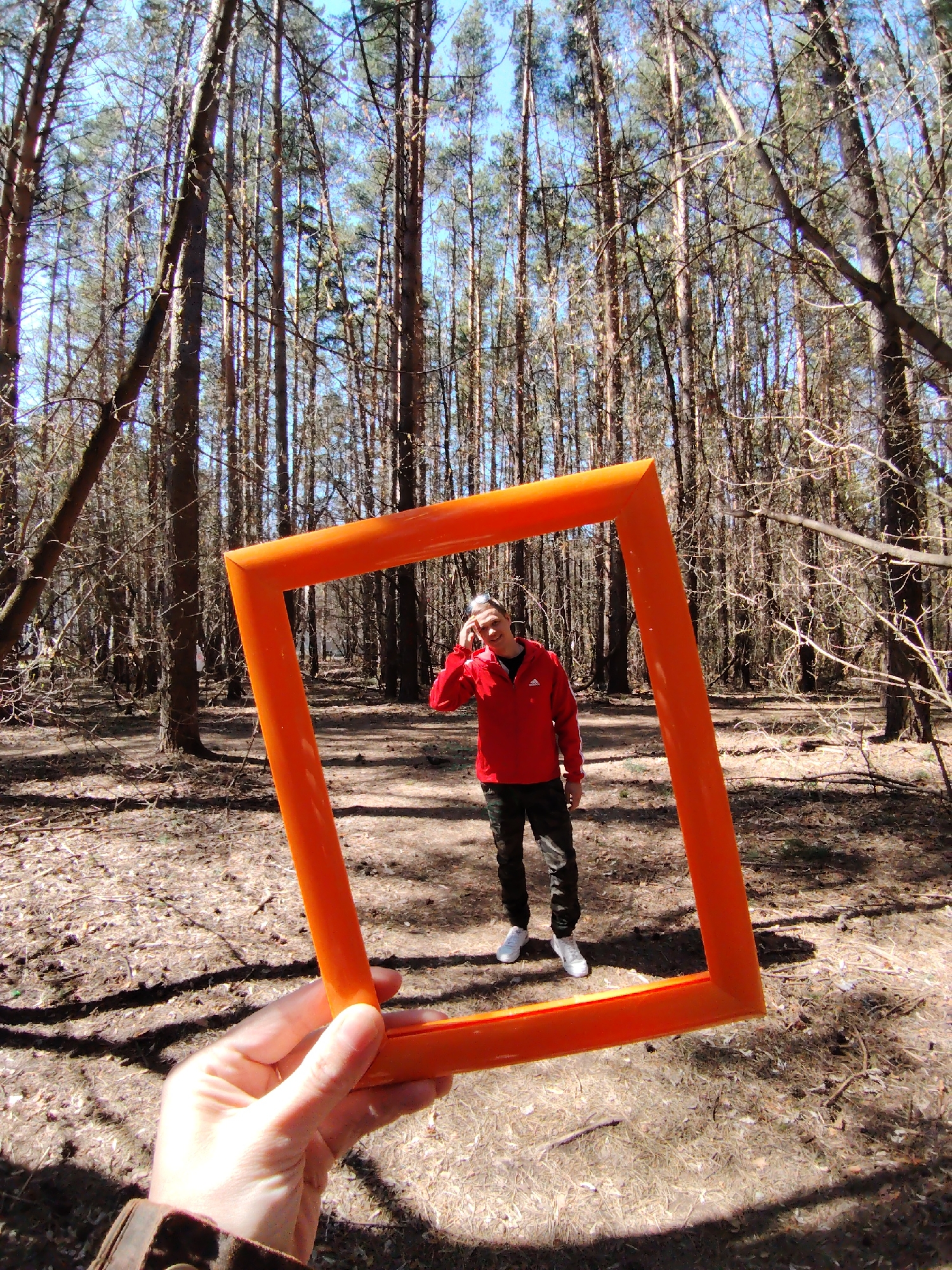 A person is holding an orange frame in a forest, framing another person in the background. The background person is wearing a red jacket, dark pants, and white shoes, and has their hand near their head. The forest is dense with tall, thin trees. The ground is covered in dry leaves and debris. The photograph was taken in Chaikovsky, Russia.