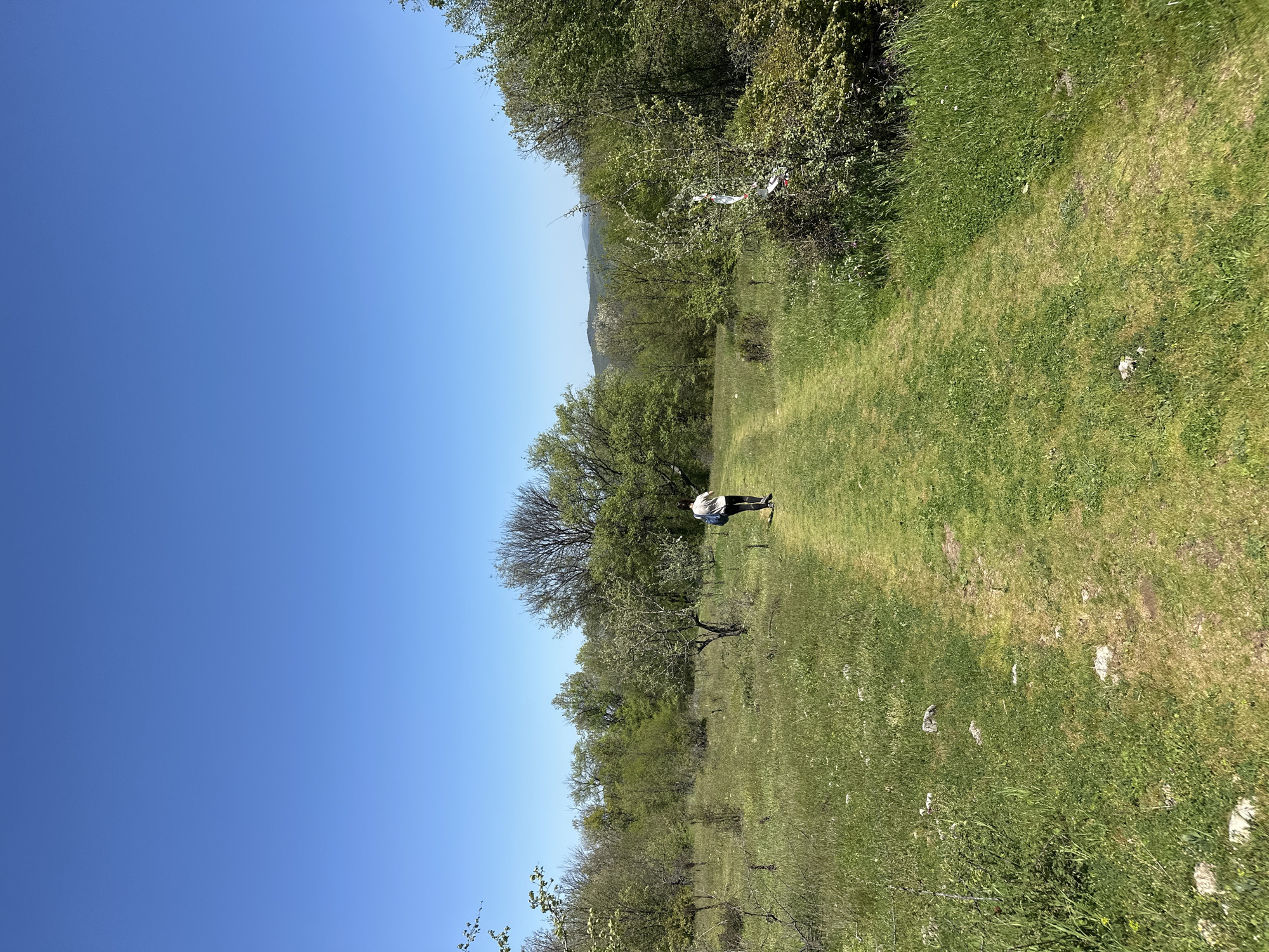 The image depicts a person walking on a grassy path in a rural area. The sky is clear and blue. Trees and shrubs line the path, creating a border. The scene is bathed in sunlight. In the background, a mountain range is faintly visible. The location is identified as Bilka, Bulgaria.
