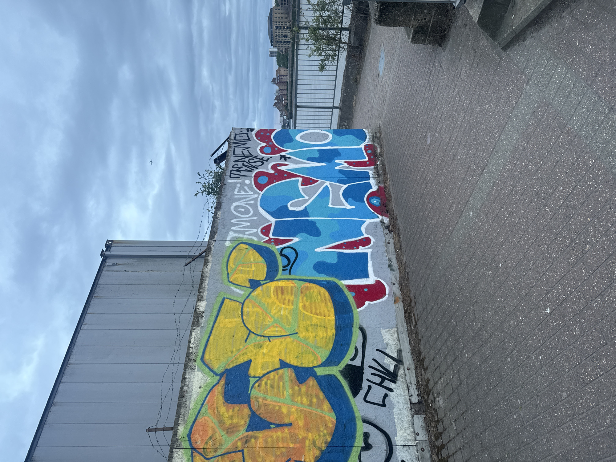 A medium shot shows a graffiti-covered wall in an urban setting. The wall features colorful graffiti art, including layers of blue, red, yellow, and orange paint. The graffiti appears to be in an abstract or stylized form with the word "CHILL" to the right. The wall is made of grey concrete panels and topped with barbed wire. Next to the wall is a grey brick pathway. In the background, a metal railing overlooks a body of water, with buildings visible on the opposite shore. The sky is overcast and cloudy. The location is an urban area in London, United Kingdom.