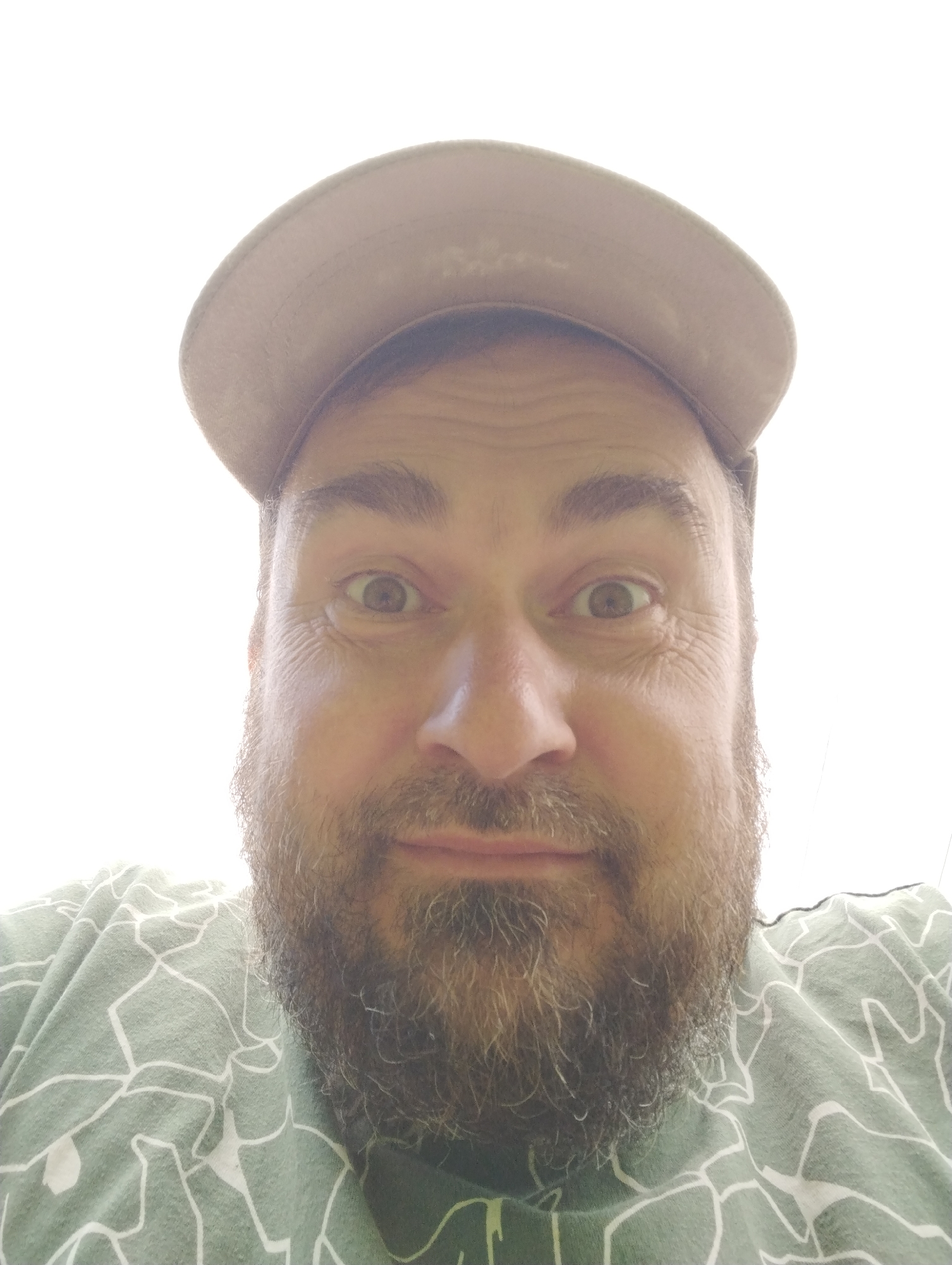A man is shown from the chest up, looking directly at the camera. He is wearing a tan baseball cap and a green t-shirt with a white line pattern. He has a beard and his eyes are wide open. The background is bright white. The image appears to be taken outdoors in bright light. There is no information to suggest this image was taken in Ширяево (ильинский), Russia.