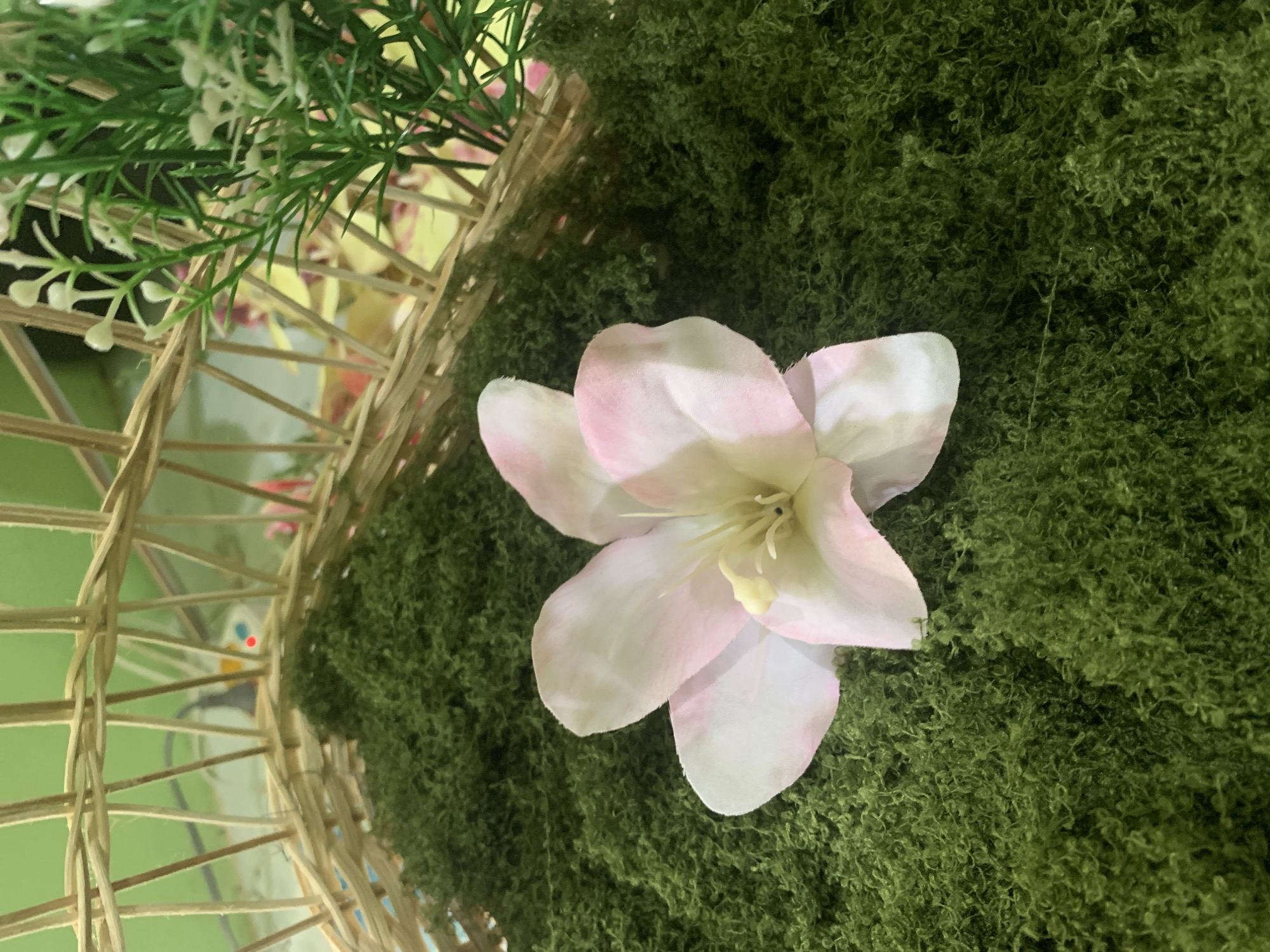 A single, delicate artificial flower with pale pink and white petals lies on a bed of vibrant green, textured moss. The flower is positioned slightly left of the center of the frame, with its pistil and stamen visible. Behind the moss and flower, a light-colored woven basket structure arches over the scene. To the right, a sprig of artificial green foliage with small white buds extends into the frame. The background is softly blurred and appears to be indoors, possibly in Kuala Pembuang, Indonesia.