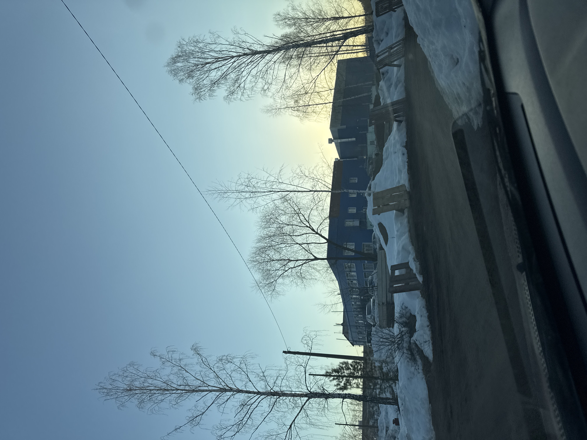 The image depicts a winter scene in what appears to be the city of Chaikovsky, Russia. The view is likely taken from inside a vehicle, looking out toward a street lined with snow. Bare trees are visible against a pale blue sky, with a blue building in the background. The scene includes utility poles and power lines, indicating an urban or suburban environment. Snow is present on the ground and along the roadside. The perspective suggests the photo was taken at ground level from inside a car.