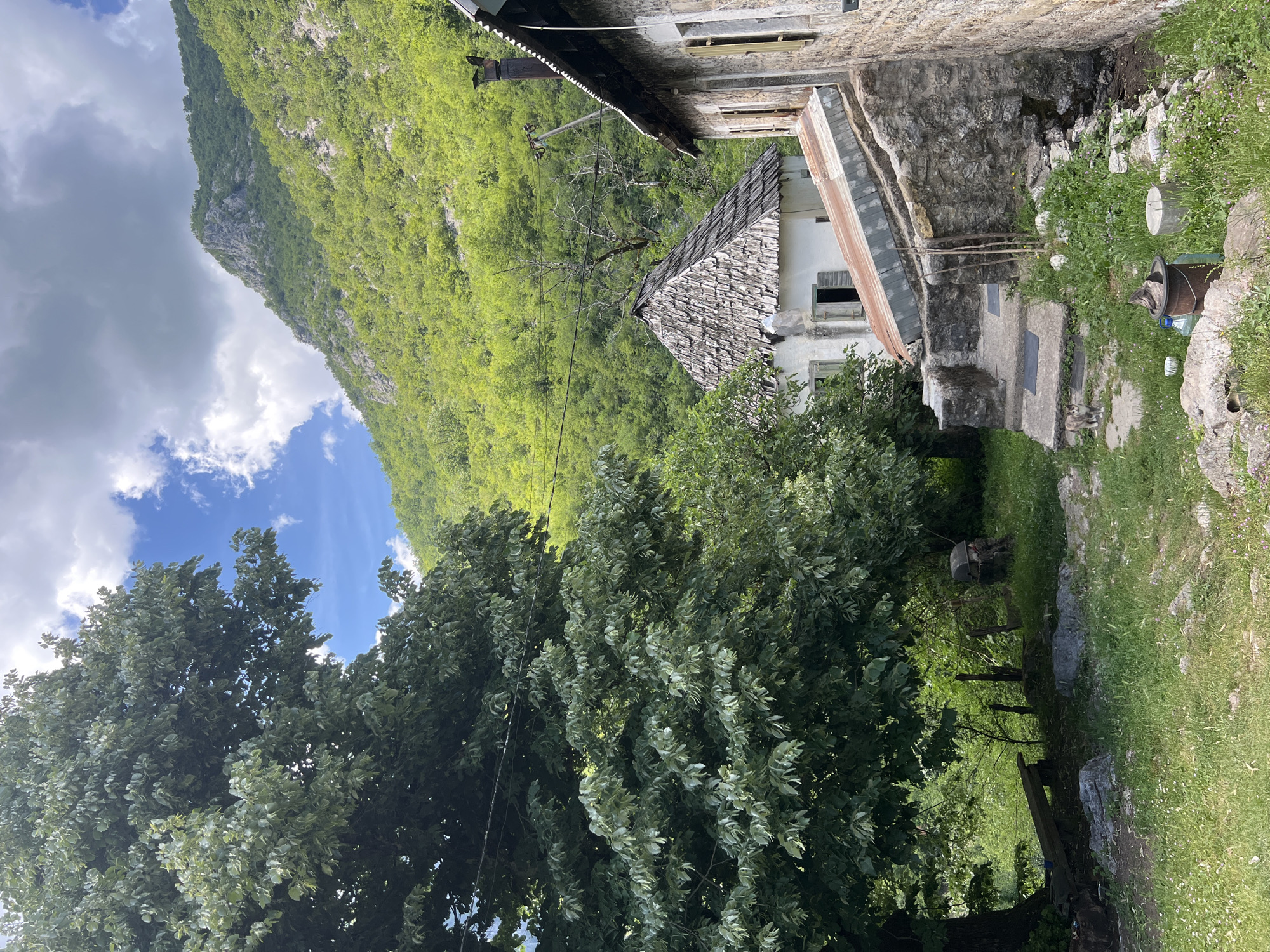 The image depicts a scene in Mrtvo Duboko, Montenegro. A lush, green mountain dominates the background, reaching towards a sky with scattered clouds and patches of blue. In the foreground, trees with dense foliage frame the lower part of the image. A rustic stone building with a layered, aged roof stands nestled against the mountain. Part of an adjacent building, also of stone construction, can be seen. The setting evokes a rural, secluded location within a mountainous landscape.