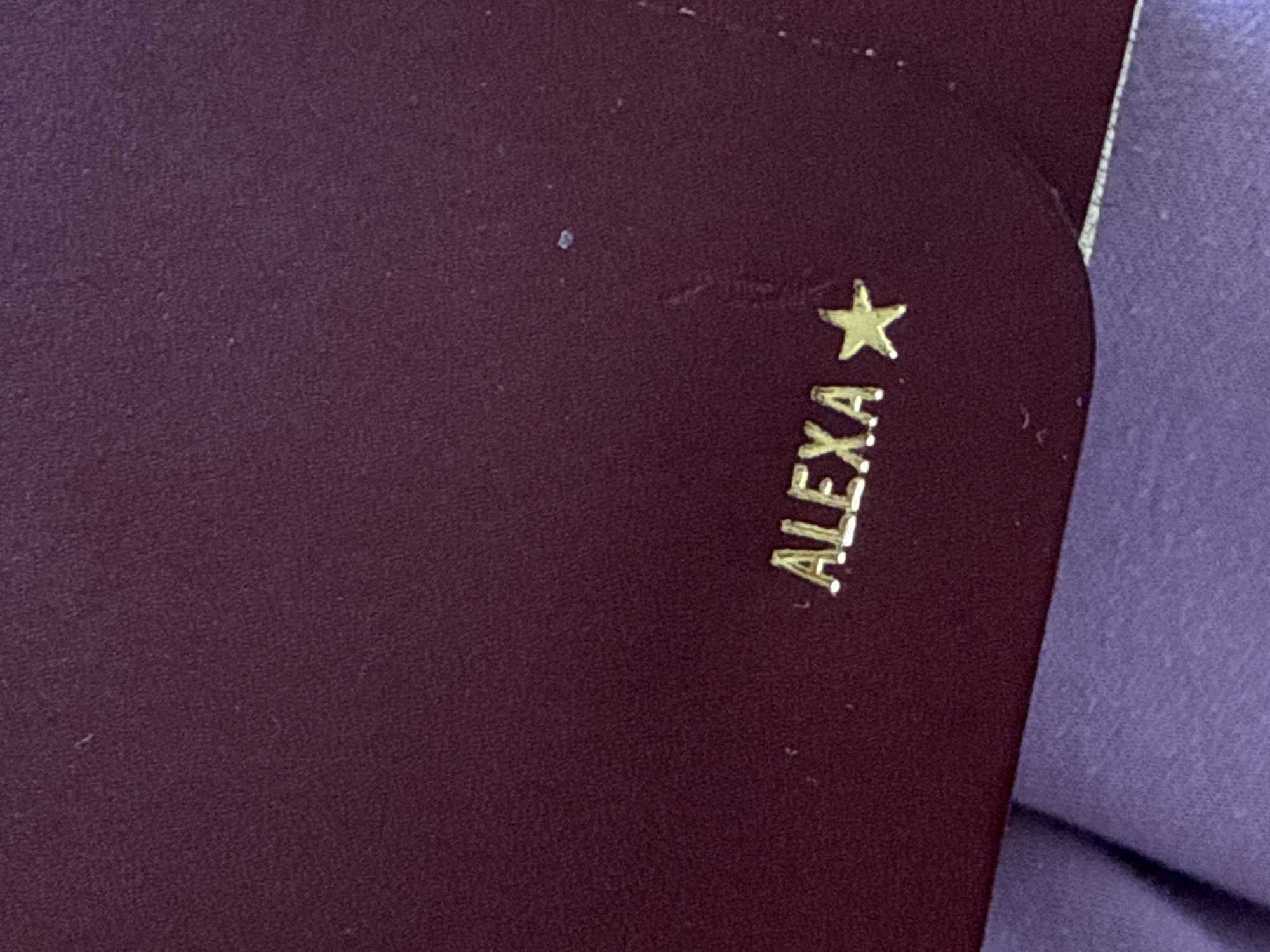A close-up image focuses on a section of deep burgundy material, textured with a fine grain, likely textile or leather. Gold block letters spell 'ALEXA,' followed by a five-pointed gold star, centered on the surface. Minor lint and dust particles are visible on the burgundy material. A segment of light purple, soft-textured fabric is partially visible at the lower left, beneath the burgundy object. The scene is located in Mexico City, Mexico.