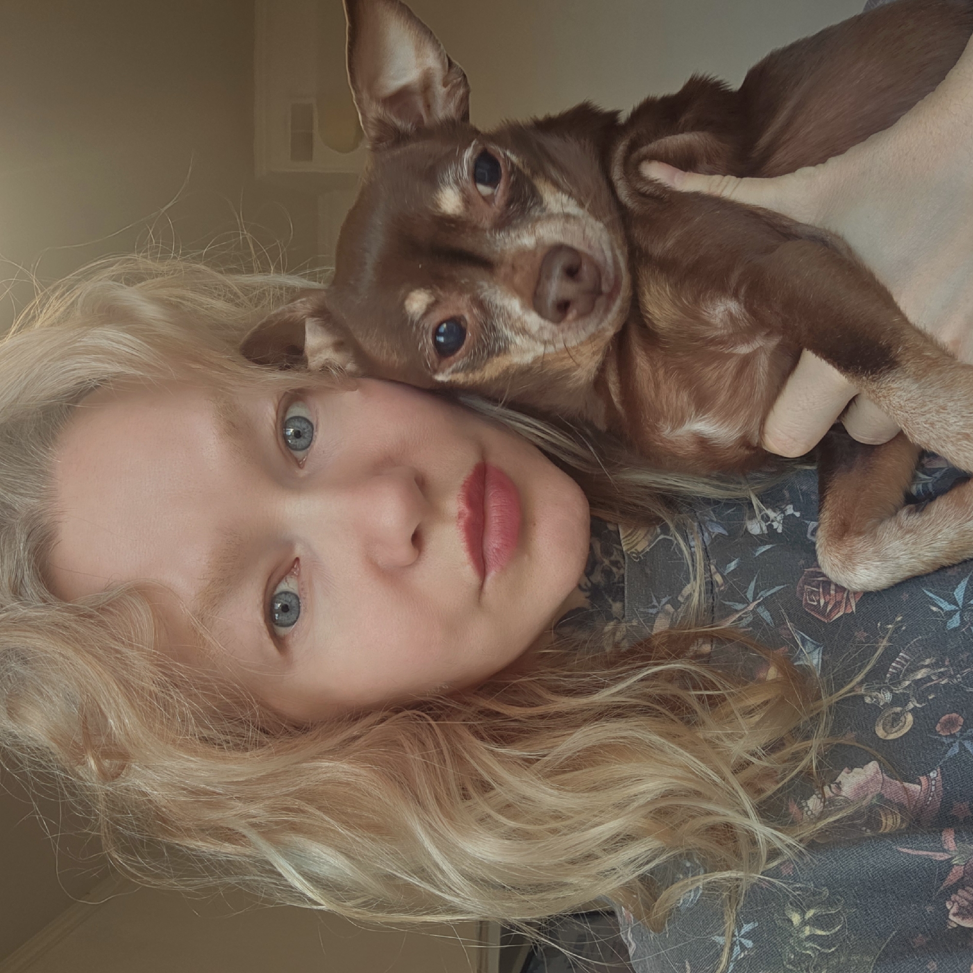A selfie shows a woman with blonde wavy hair and light blue eyes, holding a brown chihuahua. The woman has full lips and is wearing a dark-colored floral print shirt. The background appears to be an indoor space with a light-colored wall. There is no indication of the city of Saint Petersburg, Russia, or any other specific location.