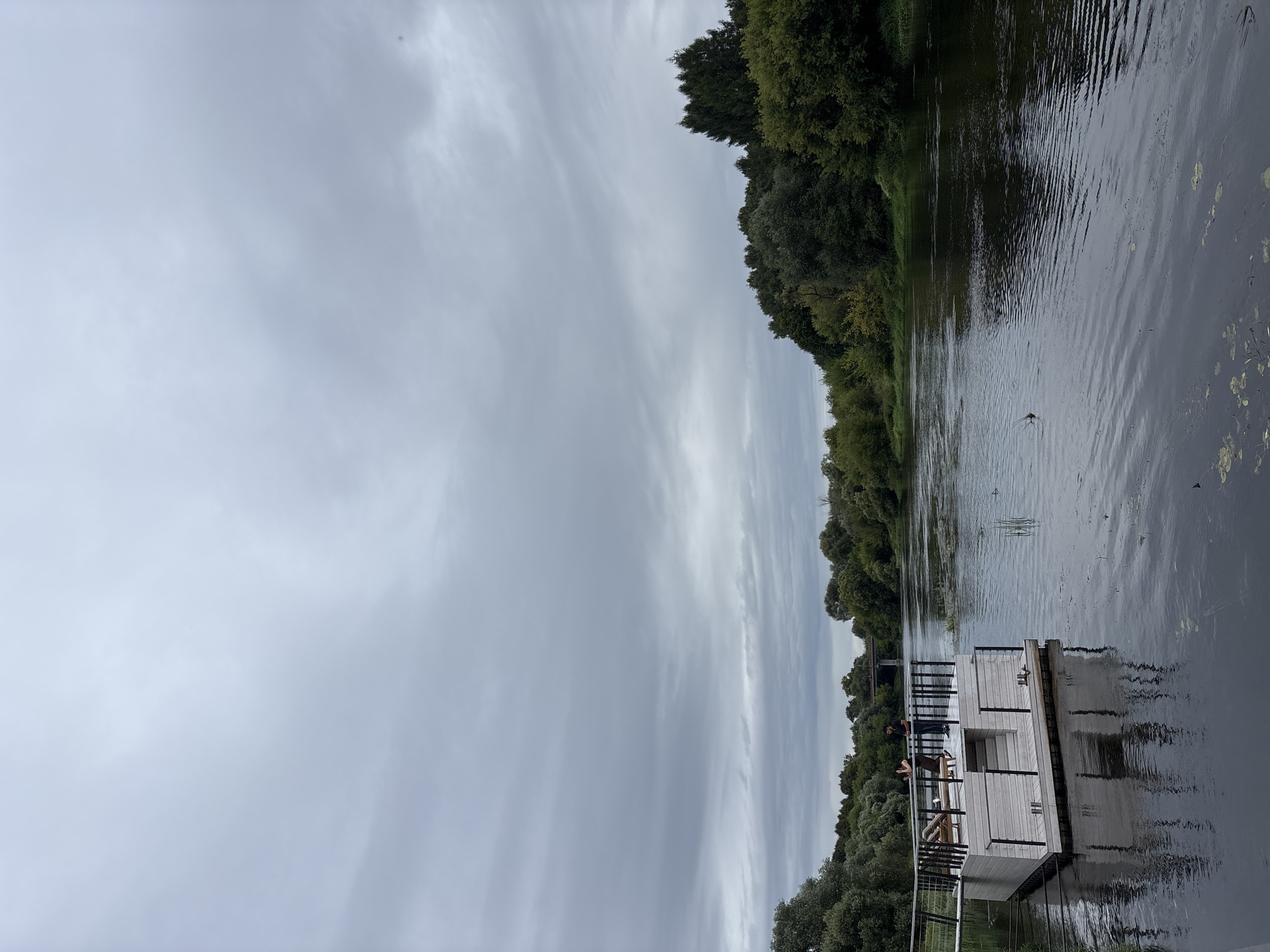 A cloudy, overcast day is depicted over a wide, dark river. In the foreground, a modern, light-colored wooden floating dock with a black railing is positioned on the left side of the river. Two people are visible on the dock: one person, dressed in dark clothing, is standing near the railing on the right side, while another person, in lighter clothing, is seated on a lounge chair on the left side. The dock is connected to the shore by a walkway. The riverbanks are densely lined with lush green trees, and in the distance, a bridge is visible spanning the river. The overall scene suggests a serene, natural setting on the outskirts of Zvenigorod, Russia.
