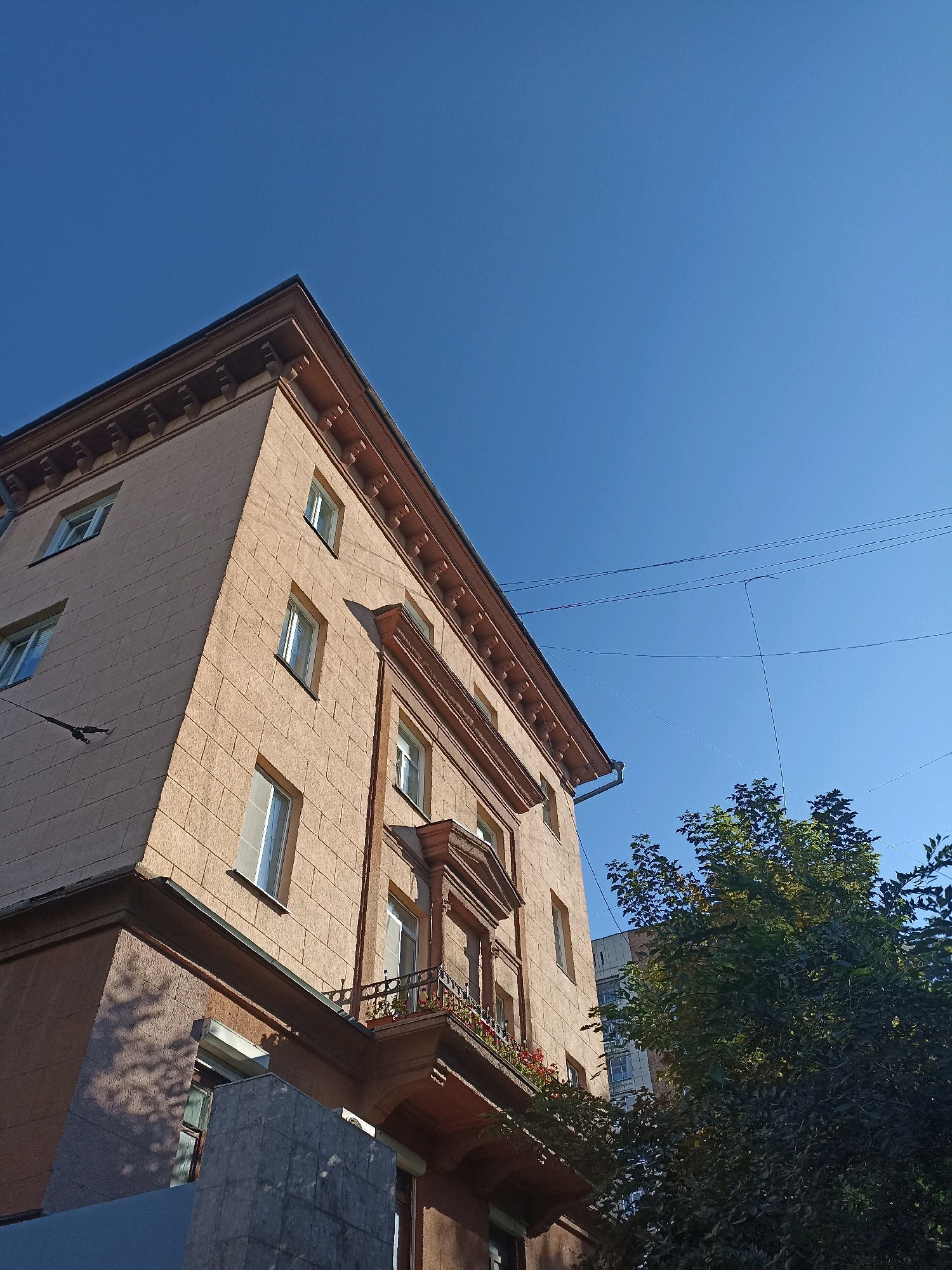 This is a low-angle outdoor shot of a pale orange building with a tiled facade, likely in Novosibirsk, Russia, under a clear blue sky. The building has a prominent cornice with decorative elements and a balcony with a railing and potted plants. To the right, a dense green tree is visible, with another building partially obscured behind it. Power lines are strung across the sky. The scene appears to be a street view, possibly in a residential or commercial area, captured on a bright, sunny day. There are no people visible in the image.