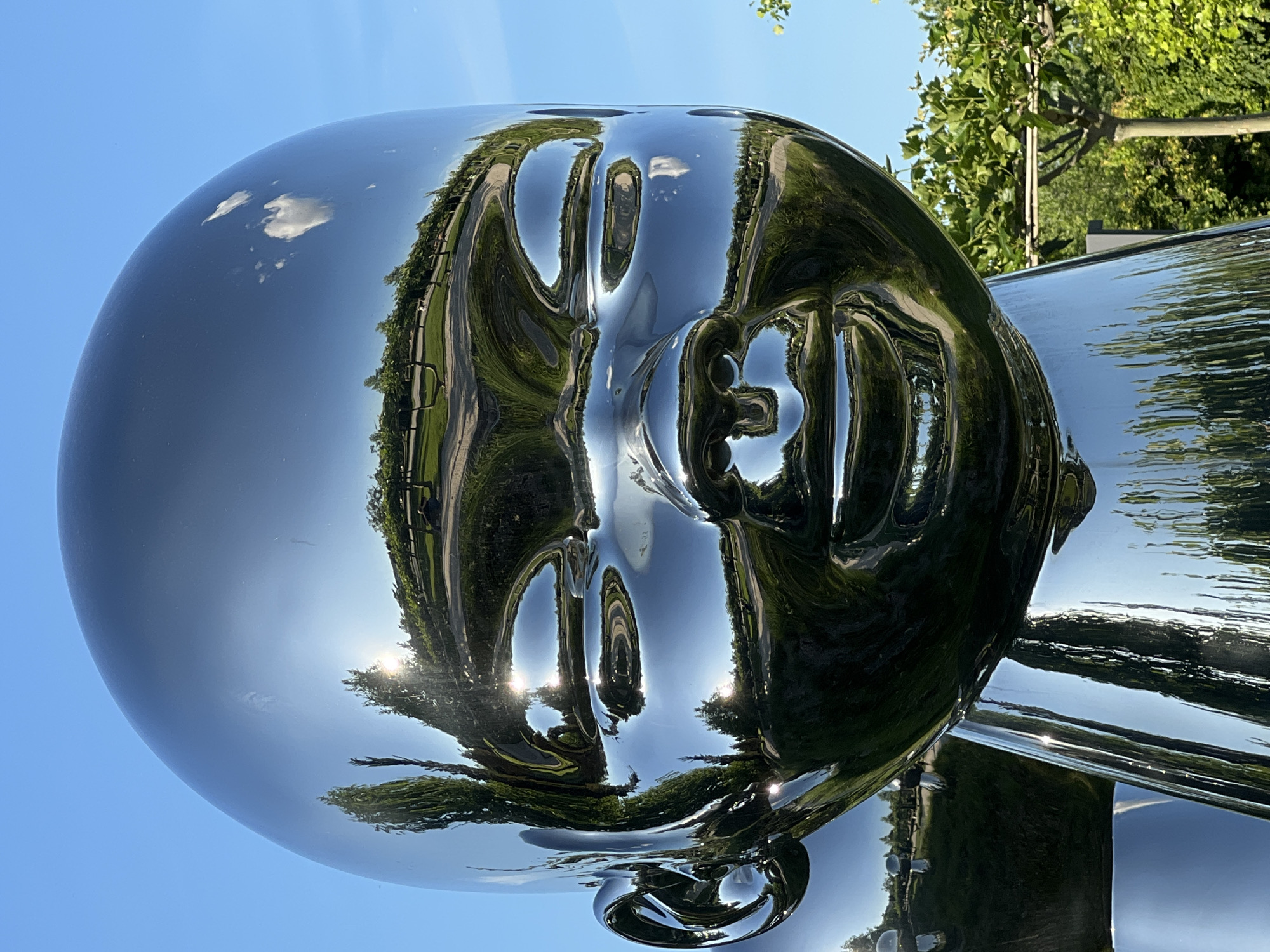A large, highly polished, chrome-like sculpture of a human head or face is the central subject of the image. The sculpture's surface is extremely reflective, acting as a distorted mirror to its surroundings. The overall impression is one of a sleek, modern art piece.
The most prominent reflections are of a clear blue sky with sparse white clouds, visible across the top and curved surfaces of the sculpture. Lush green trees and foliage are also extensively reflected, appearing warped and stretched due to the sculpture's contoured form, particularly around what would be the "cheeks," "eyes," and "forehead" areas. Bright glints of sunlight, appearing as starbursts, are prominently reflected on various surfaces, indicating direct sun exposure and a sunny day. One particularly strong sun reflection is visible near the top left of the head, and others are scattered across the facial features.
The reflections suggest an outdoor setting, likely a park or garden, given the abundance of trees and open sky. The time of day appears to be daytime with bright sunshine, possibly late morning or early afternoon. No human activity is depicted. There is no visible text in the image. The image is oriented vertically, with the sculpture appearing to be tilted or viewed from an unusual angle.