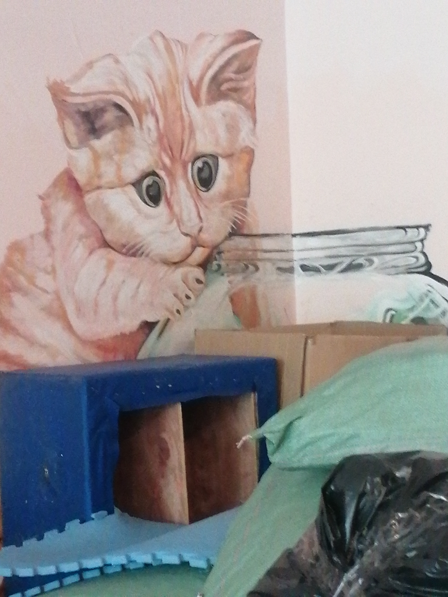 The image displays an interior scene in Da Lat, Vietnam, featuring a mural on a light pink wall and foreground objects. The central subject of the mural is a large depiction of an orange and white striped kitten with prominent dark eyes, rendered in a soft, illustrative style. The kitten's right paw is extended and resting on the rim of a transparent glass jar with a threaded lid, which is partially visible to the kitten's right. The jar appears to contain a light-colored, amorphous mass.
In the foreground, a blue foam block is positioned on a light blue interlocking foam mat in the lower-left quadrant. Adjacent to this and further into the frame is a brown cardboard box. To the right of the cardboard box, a light green fabric item, consistent with a bag or cushion, is visible. The lower-right corner of the image shows a portion of a crumpled black plastic bag. The ensemble of foreground items suggests a casual, possibly storage-oriented, indoor environment.