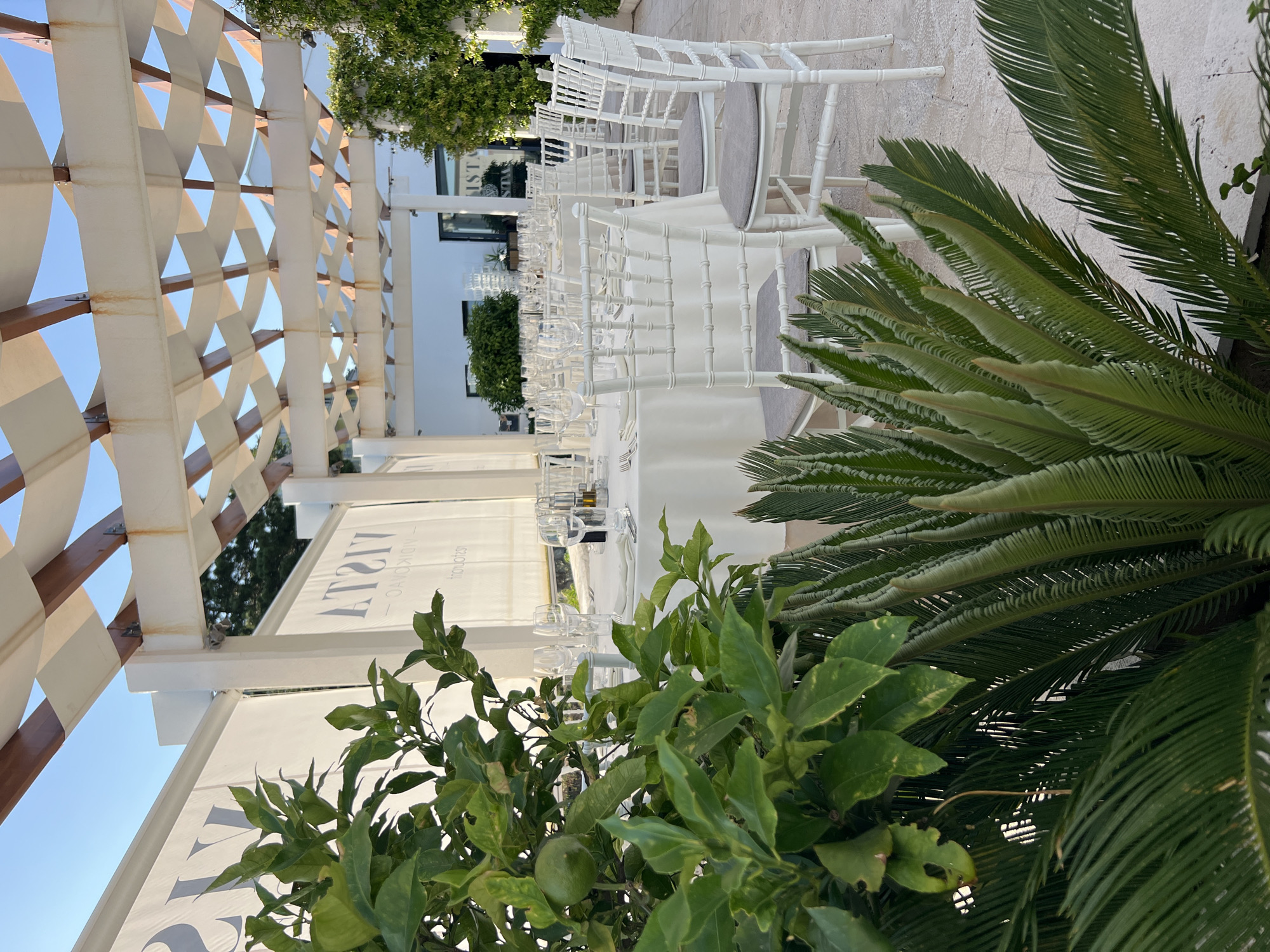 This image shows a beautifully set outdoor dining area at a restaurant in Budva, Montenegro. The scene is dominated by white tablecloths, white chairs with grey cushions, and numerous wine glasses arranged on the tables, suggesting an event or a formal dining setup. In the foreground, lush green foliage from a tree with a lime and a sago palm partially obscures the view, adding a natural touch to the elegant ambiance.
The restaurant appears to have an open-air structure with a wooden pergola roof that casts a dappled pattern of light and shadow. White fabric panels are draped beneath the pergola, creating a sense of privacy and enclosure. In the background, more tables and chairs are visible, along with a glimpse of the building's facade which features signage with the name "VISTA" in large, elegant letters. Green ivy or vines adorn the exterior walls, further enhancing the natural and Mediterranean feel of the location. The clear blue sky suggests it's a sunny day, likely in the late afternoon or early evening, given the quality of light. There are no people visible in the image, focusing the viewer's attention on the meticulous preparation of the dining space. The paving stones of the outdoor area are light-colored and textured.