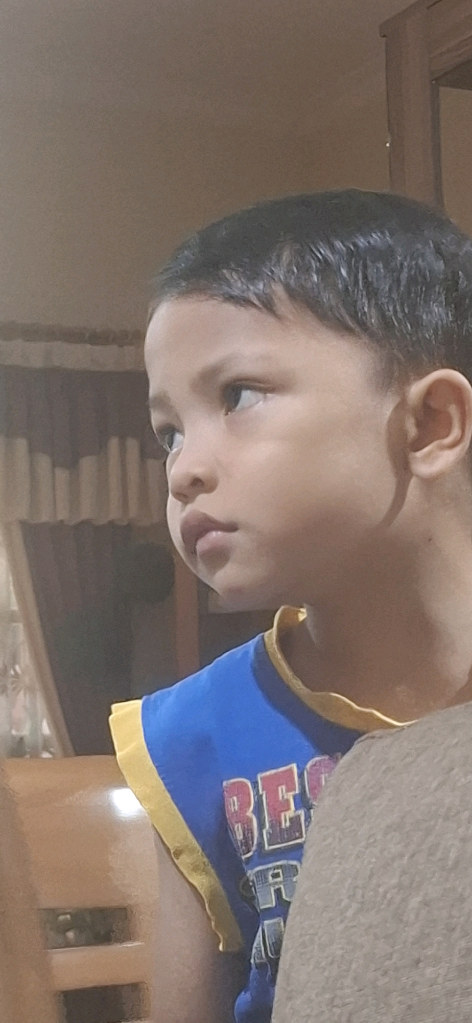 A young boy with dark hair is shown in profile, looking to the left of the frame. He is wearing a blue t-shirt with a yellow trim around the neck and armholes. The t-shirt has the word "BEST" printed on it in red and white lettering. The background is a blurred indoor setting with vertical blinds visible behind the boy. The image appears to be taken in Desa Gagaksipat, Indonesia.