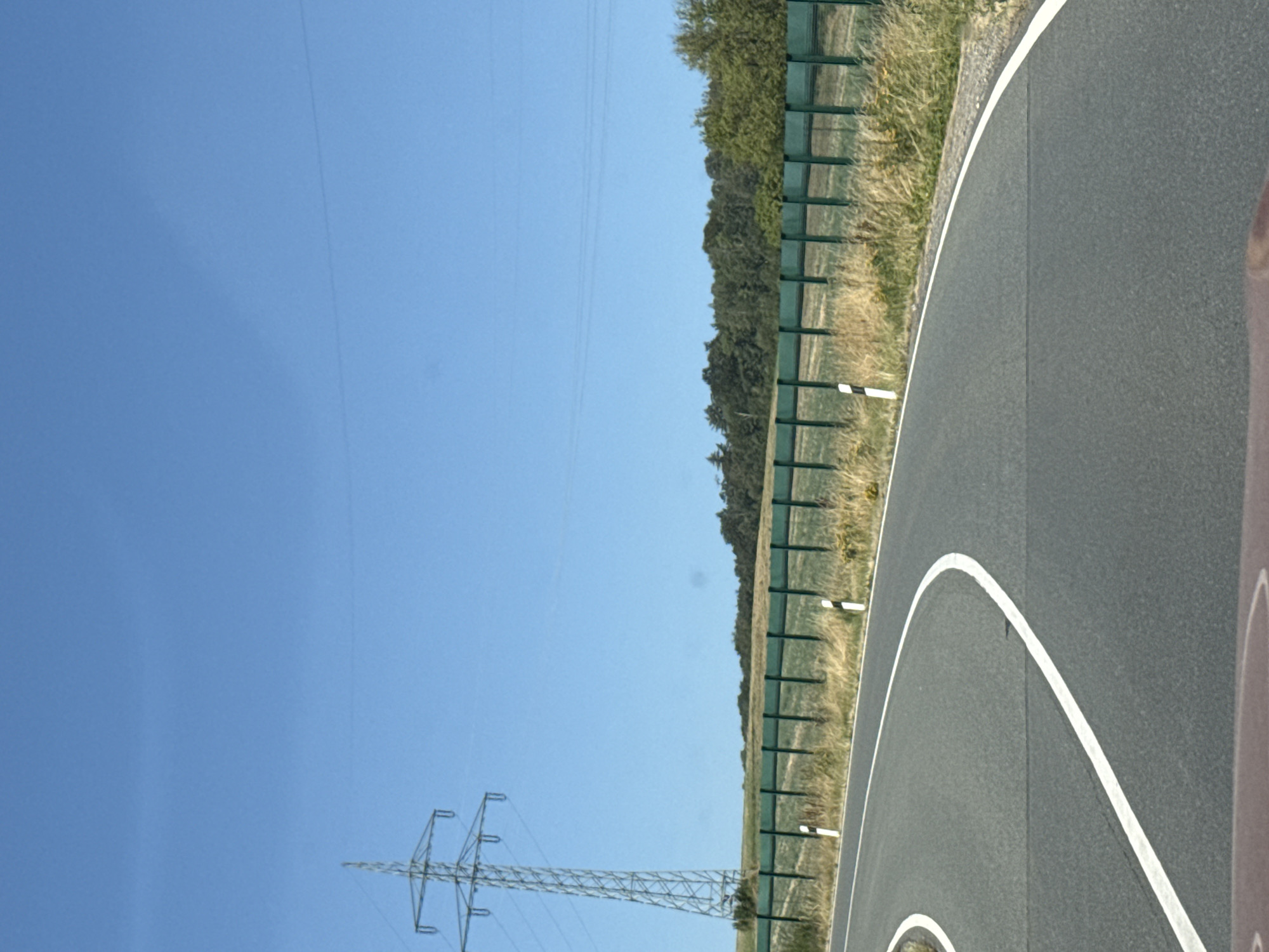 The image captures a curved asphalt road with white lane markings, suggesting a highway or main road. On the left side of the road, a tall, lattice-style electricity pylon stands prominently against a clear blue sky. Beyond the road and extending to the right, there is a green sound barrier fence. Behind the fence, dry grass and scattered yellow flowers are visible. Further back, a dense line of green trees forms a treeline, indicating a forested area. The overall environment suggests a rural or semi-rural setting, potentially on the outskirts of a town. The image does not depict any people or specific urban features of Bad Sachsa, Germany.