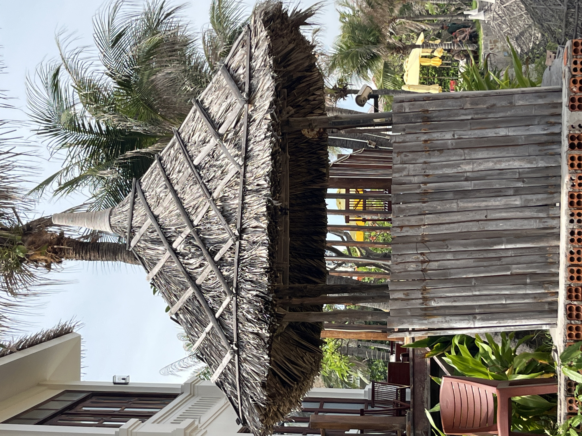 This media file depicts an outdoor scene with a focus on a thatched-roof structure, likely part of a resort or beachside establishment, set against a backdrop of palm trees and tropical foliage. The perspective is tilted, giving a dynamic view of the scene.
The primary subject is a large, conical thatched roof supported by wooden beams. The thatch appears to be made from dried palm fronds, showcasing a rustic and natural aesthetic. Adjacent to the thatched structure is a wall constructed from horizontally laid bamboo poles, providing a complementary natural material to the roofing. To the right, a wall of exposed red bricks with visible holes adds a contrasting texture and color.
In the background, lush green palm trees and other tropical plants suggest a warm, sunny environment. Through the gaps in the bamboo wall, hints of other structures, possibly seating areas or more buildings, can be seen. A bright yellow object, perhaps a piece of furniture or decoration, is partially visible in the distance. A brown plastic chair is prominently placed in the foreground, suggesting an area for relaxation or dining.
The time of day appears to be daytime, with ample natural light, and the weather seems clear and sunny, typical of a tropical location like Phu Thuy Ward, Vietnam. No people are visible in the frame. The overall impression is one of a casual, tropical getaway. There is no visible text in the media file.