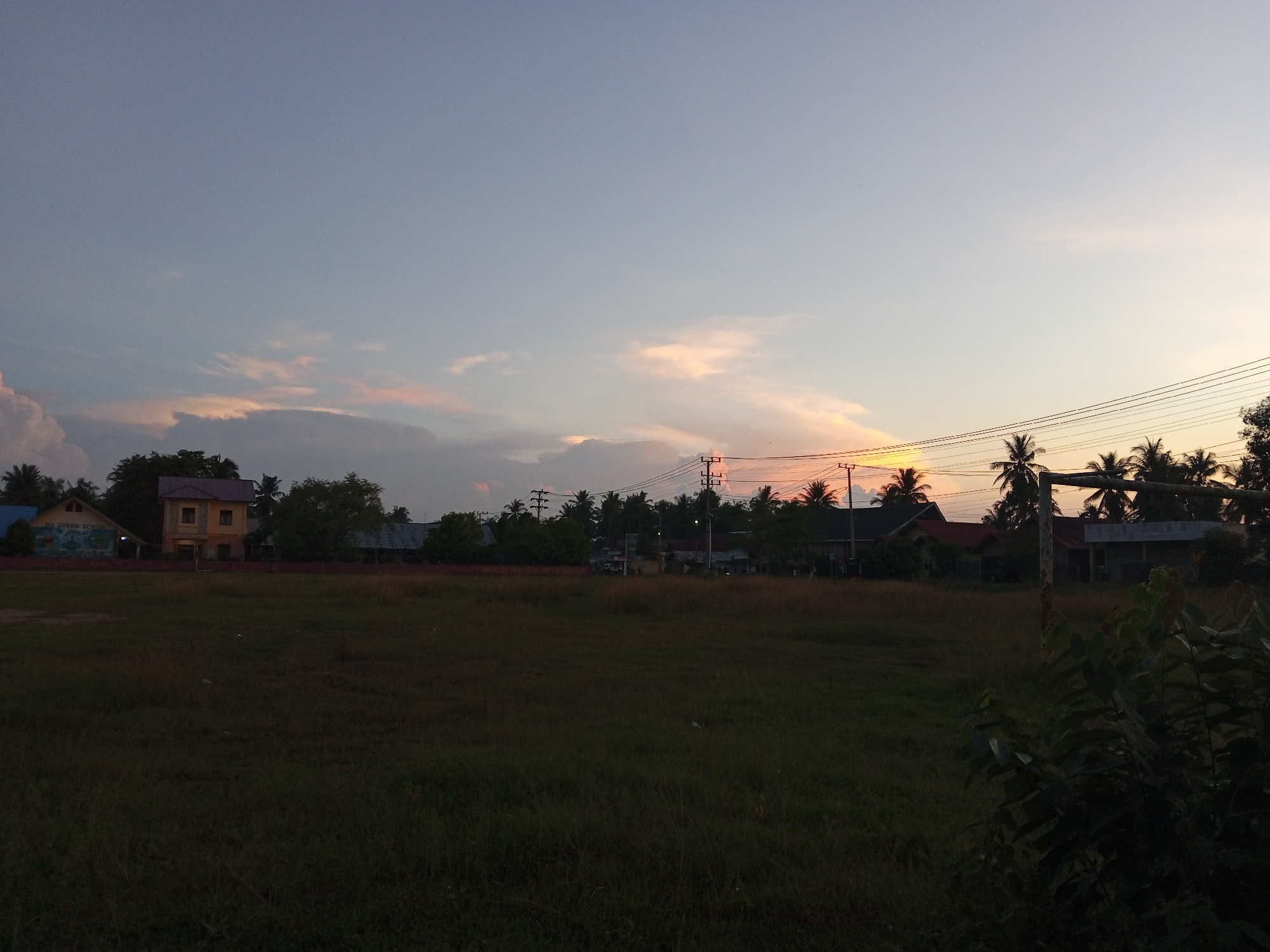 This is a horizontal, eye-level, medium shot photograph taken at dusk in Payadua, Indonesia. The scene depicts a wide, grassy field in the foreground, with a cluster of buildings and palm trees in the background. The sky above is a soft gradient of pale blue and soft orange, with scattered clouds tinged pink from the setting sun.
In the middle ground, several houses are visible. The most prominent is a two-story yellow house with a purple roof, situated in the center left of the image. To its left, a single-story building with a blue roof features a mural depicting trees and a green landscape with the text "GO GREEN SCHOOL" written in white. Further to the right, a series of low-rise residential buildings with dark roofs are interspersed with lush green palm trees. Overhead, a network of power lines and utility poles stretches across the frame, connecting the structures.
The foreground is dominated by a large, open field covered in dry, yellowish-brown grass. The grass appears somewhat unkempt, with patches of darker green growth scattered throughout. In the far right of the foreground, a dense cluster of dark green foliage partially obscures the view of a weathered, white metal pole, likely part of a sports field. The overall atmosphere of the image is tranquil and serene, characteristic of a rural or suburban setting at the end of the day. There are no people visible in the frame.