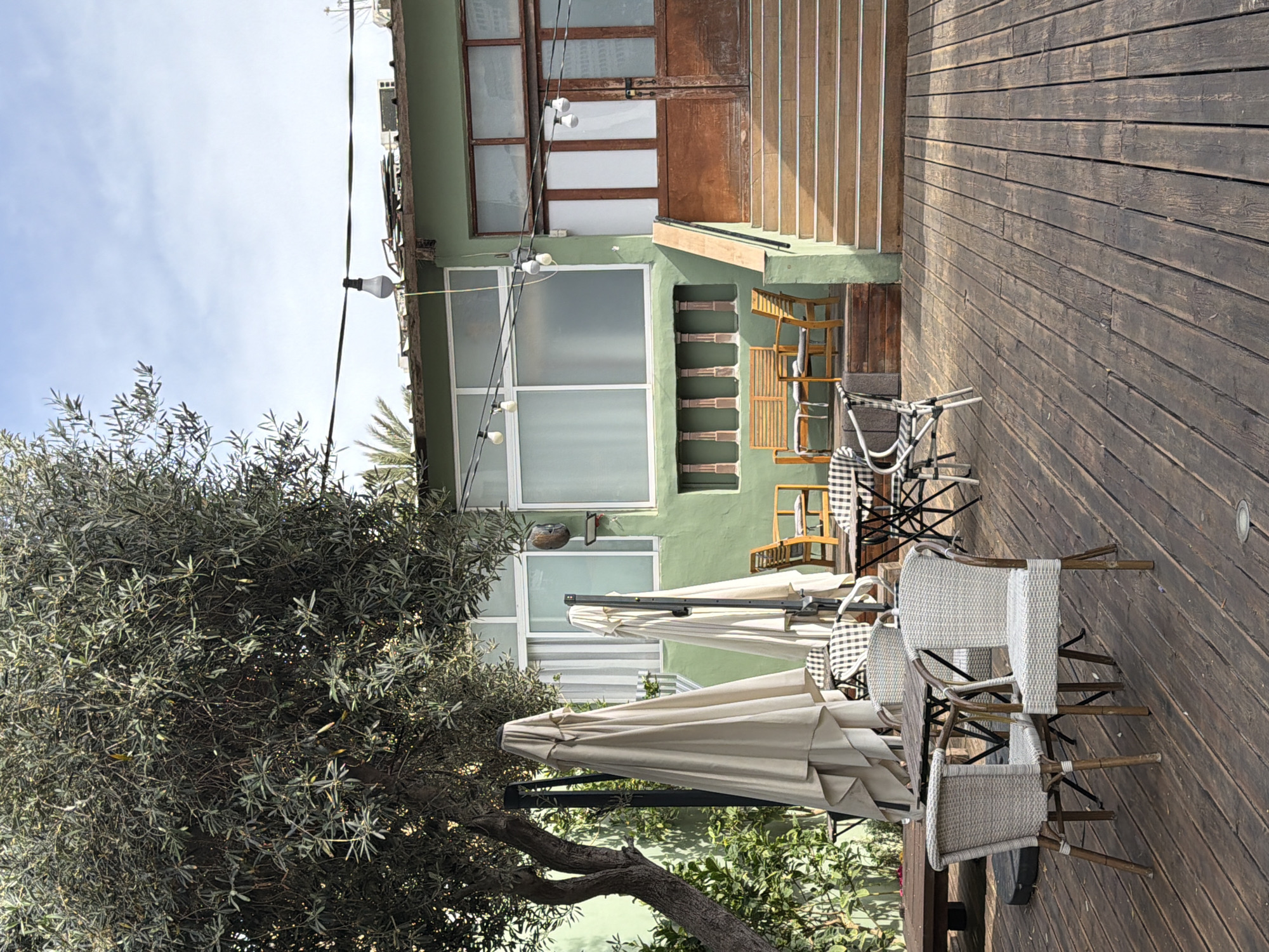 The image shows an outdoor cafe setting, likely in Tel Aviv, Israel. The scene features a wooden deck with tables and chairs, partially shaded by closed umbrellas. A mature tree with dense foliage stands to the left, its branches extending over part of the cafe area. The cafe building has a green exterior with windows and a wooden door. String lights are visible above the building.