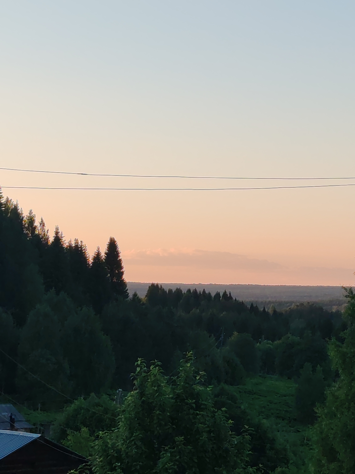 The image displays a serene, dusky landscape in the city of Chukhlem, Russia. The sky is a gradient of pale blue to soft peach, indicating either sunrise or sunset. Two thin, dark electrical wires stretch horizontally across the upper portion of the frame. Below the sky, a dense, dark green forest covers a rolling terrain. The trees are varied in height and density, creating a textured silhouette against the lighter sky. In the lower foreground, partially obscured by foliage, are the rooftops of two rural structures, suggesting a hamlet or isolated dwellings within the forested area. The overall scene is quiet and natural, with hints of human habitation integrated into the wilderness.