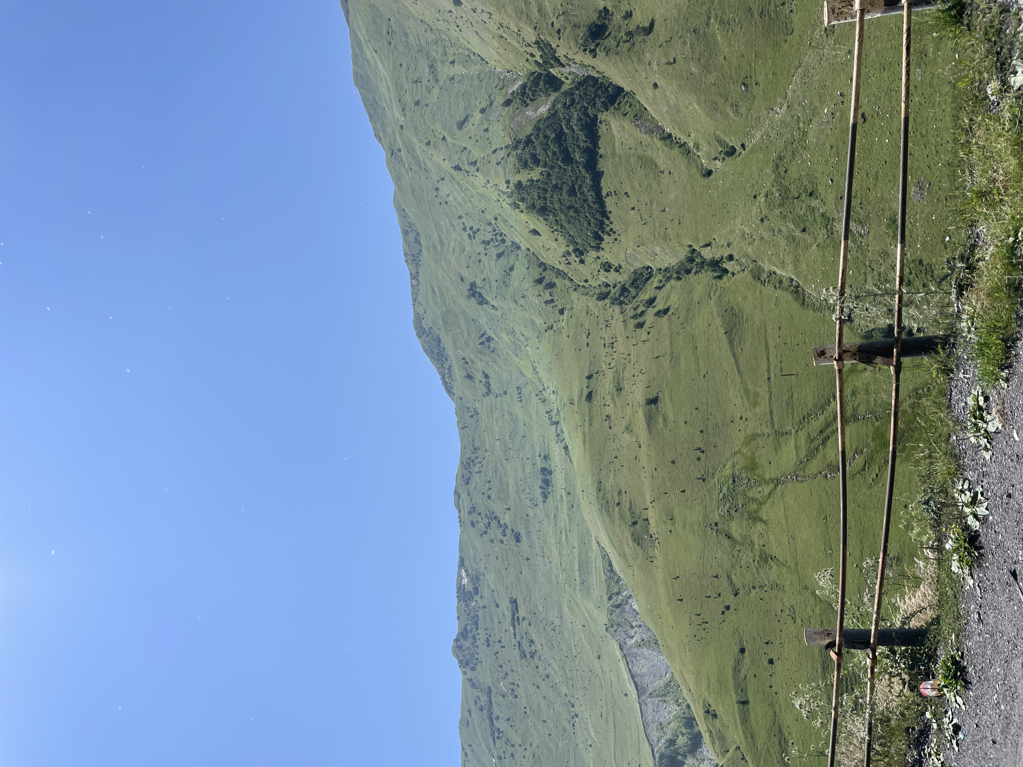 This image depicts a serene mountain landscape in the vicinity of Gudauri, Georgia. The foreground features a rustic, weathered fence constructed of metal poles and horizontal bars, positioned alongside a gravel path. Beyond the fence, rolling green hills dominate the scene, dotted with scattered trees and evidence of ravines etched into the slopes. The distant peaks are a lush, verdant green under a clear, bright blue sky. The overall impression is one of natural beauty and tranquility.
