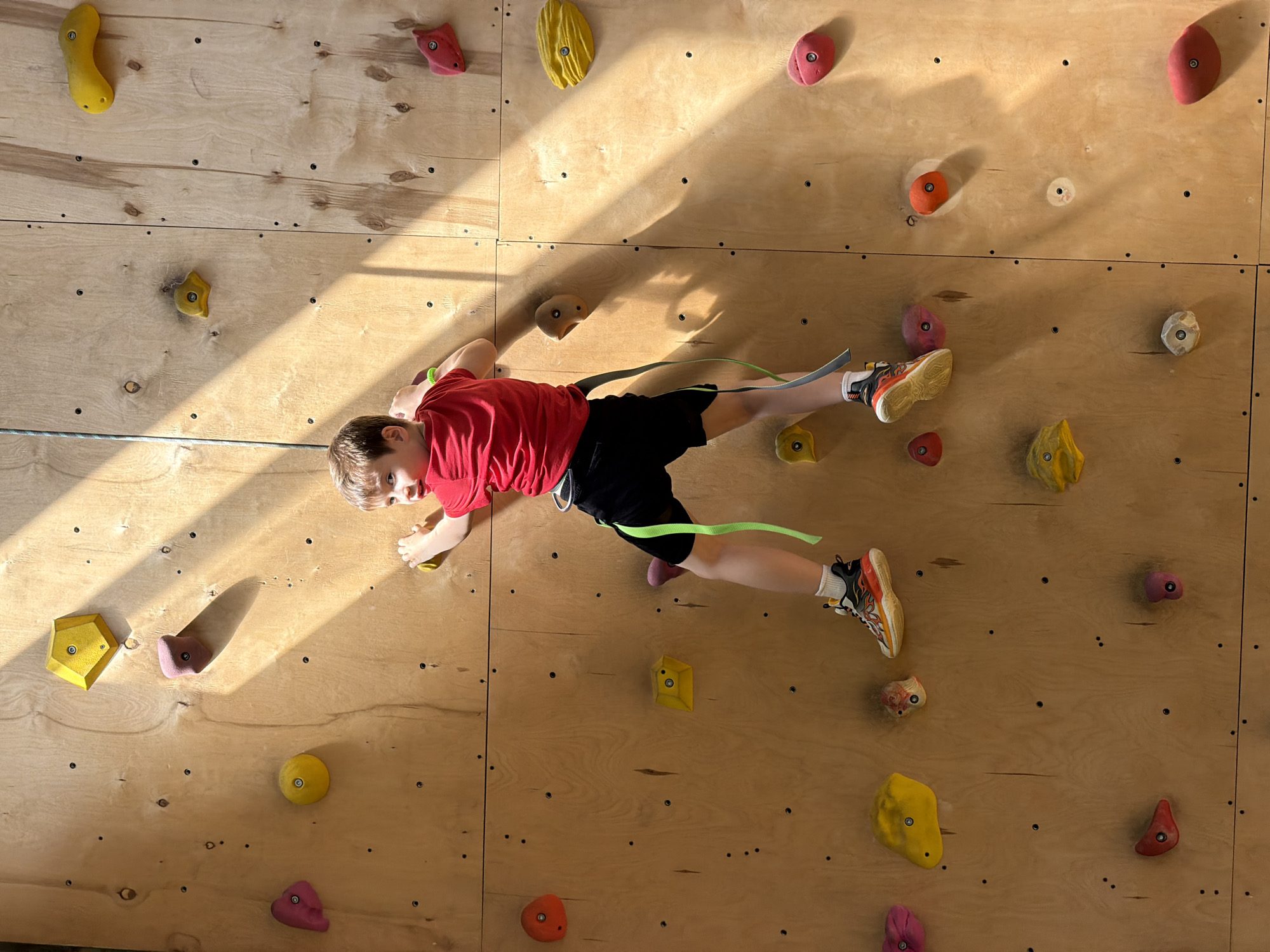 A young boy is climbing an indoor rock climbing wall. The wall is constructed of light-colored wood panels and features various colored climbing holds. The boy is wearing a red t-shirt, black shorts, and climbing shoes. He is attached to a climbing harness and rope system. The scene appears to be indoors, possibly a climbing gym. There is no specific information in the image indicating the location is Izhevsk, Russia.