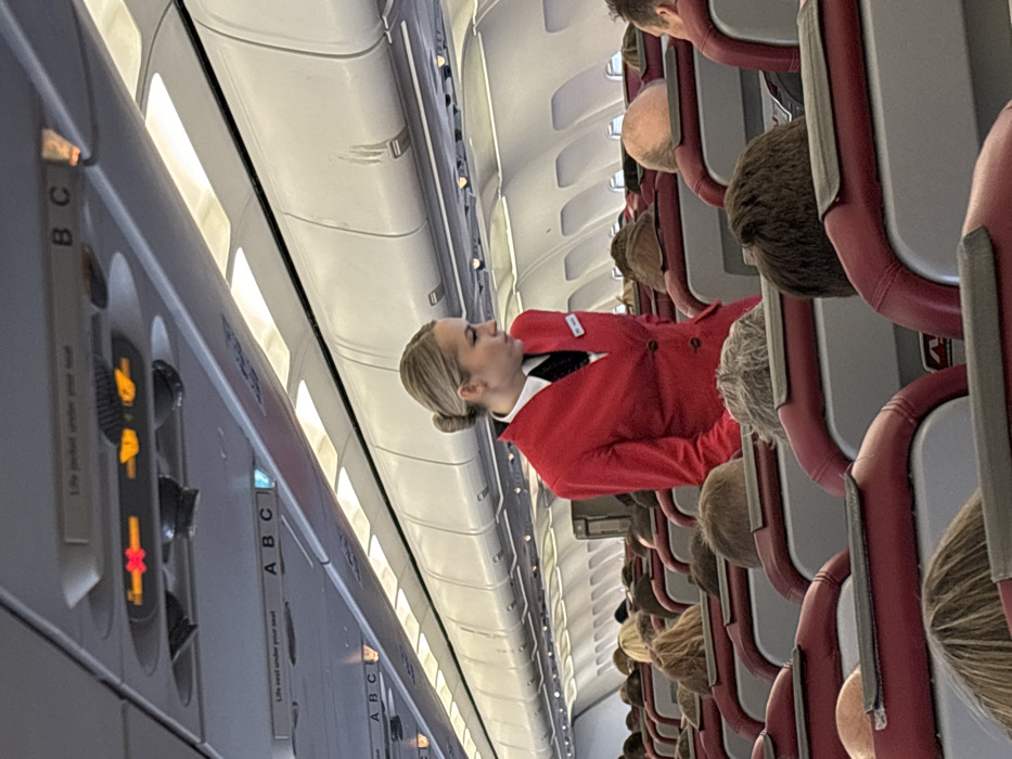 The scene depicts the interior of a commercial airplane cabin, located in Novogorelovo, Russia. A blonde female flight attendant, with her hair styled in a bun, stands in the aisle. She wears a red uniform blazer over a white collared shirt and a black tie, with a nametag visible on her left lapel. Her gaze is directed towards her right. Multiple rows of passenger seats, upholstered in maroon and gray, extend into the background. Numerous passengers are seated, primarily visible from the back of their heads and shoulders, exhibiting varied hair colors including blonde, brown, gray, and bald. Overhead bins line the cabin ceiling, which is illuminated by internal strip lighting. Passenger service units are visible above the seats, featuring individual lights and illuminated red "fasten seatbelt" symbols. The cabin walls are white. No specific interactions are visible between the flight attendant and passengers; she appears to be in motion or surveying the cabin.