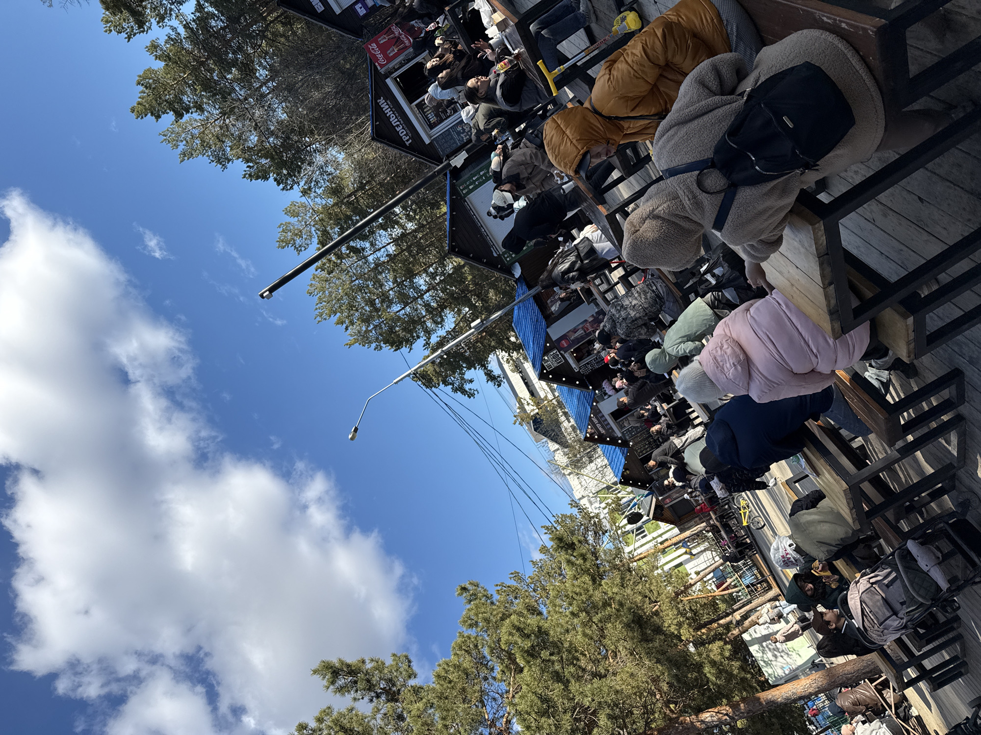 The image captures an outdoor scene in what appears to be a park or public space, likely in the city of Yakutsk, Russia, given the visible signage in Russian. A significant number of people are seated at wooden tables and benches, suggesting an outdoor dining or gathering area. The individuals are dressed in warm clothing, including jackets and sweaters, implying a cool climate. Some are wearing hats.
The scene is outdoors, with trees scattered throughout. The sky is visible with a clear blue and a light clouds. A street lamp is visible, indicating the scene is at a public location. The presence of structures that may be food stands/kiosks suggests a public market. The overall scene seems to indicate a popular gathering or dining spot in Yakutsk.