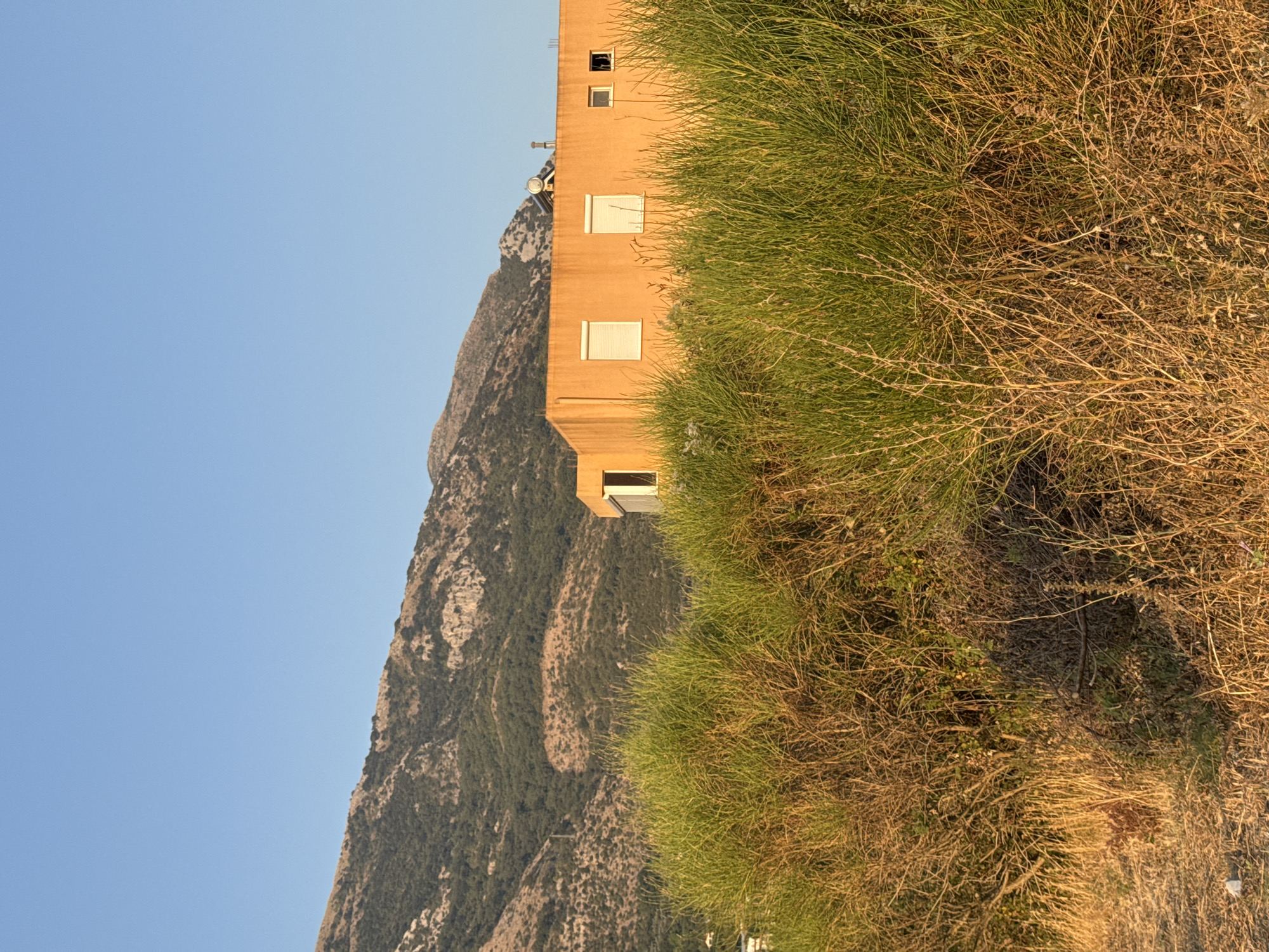 An orange building with white-shuttered windows is set against a backdrop of a green, treed mountain range under a clear blue sky. In the foreground, dense green foliage and dry grasses obscure the lower portion of the scene, suggesting a wild or untamed natural environment. The building appears to be a residential or commercial structure, possibly a villa or small hotel, with a solar water heater visible on the roof. The overall lighting indicates it's either early morning or late afternoon, with the golden hue of the sun casting long shadows and highlighting the textures of the vegetation and the mountain slopes. The specific location is Sutomore, Montenegro.