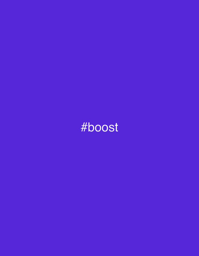 This media file is a minimalist digital image featuring a solid, vibrant purple-blue background. The primary subject is white text, centrally placed, which reads "#boost". The font is sans-serif. There are no discernible people, objects, or a specific scene or setting beyond the colored background and text. No activity or event is taking place. Notable details such as time of day, weather, or emotions cannot be determined from the image. The provided location context of Noviy, Russia, is not visually indicated by any elements within the image itself.