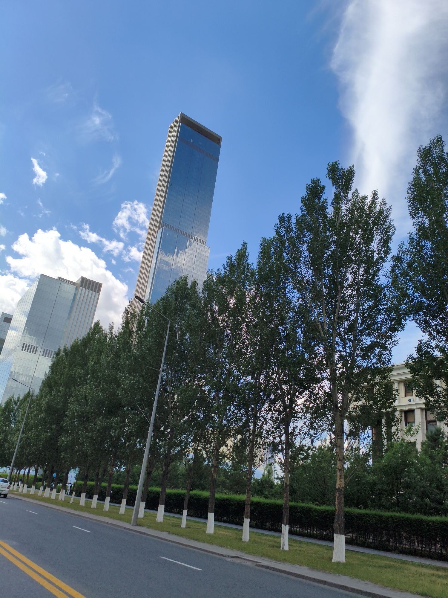 A low-angle, wide shot captures a modern urban landscape under a bright blue sky dotted with fluffy white clouds. The scene is dominated by several sleek, glass-faced skyscrapers, one of which is particularly tall and slender, reflecting the sky and surrounding buildings. In the foreground, a row of tall, leafy trees lines a paved road. The trees have their lower trunks painted white, a common practice in some regions to protect them and improve visibility. A streetlight is visible between some of the trees.
To the left of the frame, closer to the road, is a less reflective, light-colored building with visible windows and architectural details. Further down the road, a white car is partially visible on the left. The road itself has distinct yellow double lines painted on the left side and a white dashed line marking the lane. The overall impression is one of a well-maintained, modern city on a clear day, likely during daylight hours given the bright sunshine and blue sky. There is no visible text in the image. The setting appears to be a city street in Astana, Kazakhstan, characterized by its contemporary architecture and urban greenery. The mood is serene and bright.