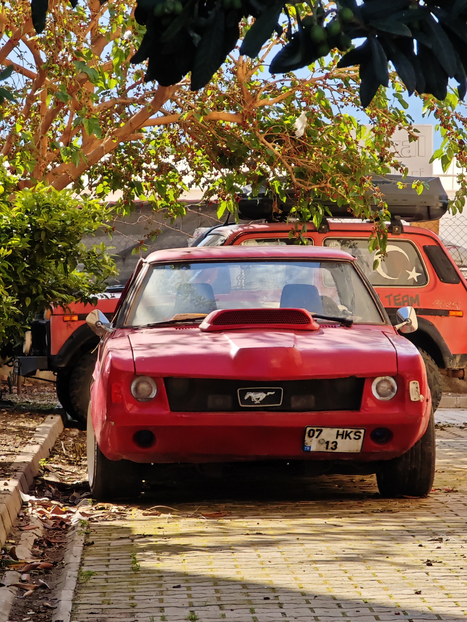 The image depicts two red vehicles parked in what appears to be Kumluca, Turkey, indicated by the license plate of the foremost vehicle (07 HKS 13). The front vehicle is a modified red car, featuring a hood scoop and a Mustang emblem. Behind it is a red off-road vehicle with a roof rack, adorned with a Turkish flag crescent and star, and the word "TEAM." The scene is partially shaded by trees with red berries. The vehicles are parked on a paved area with leaves and debris.
