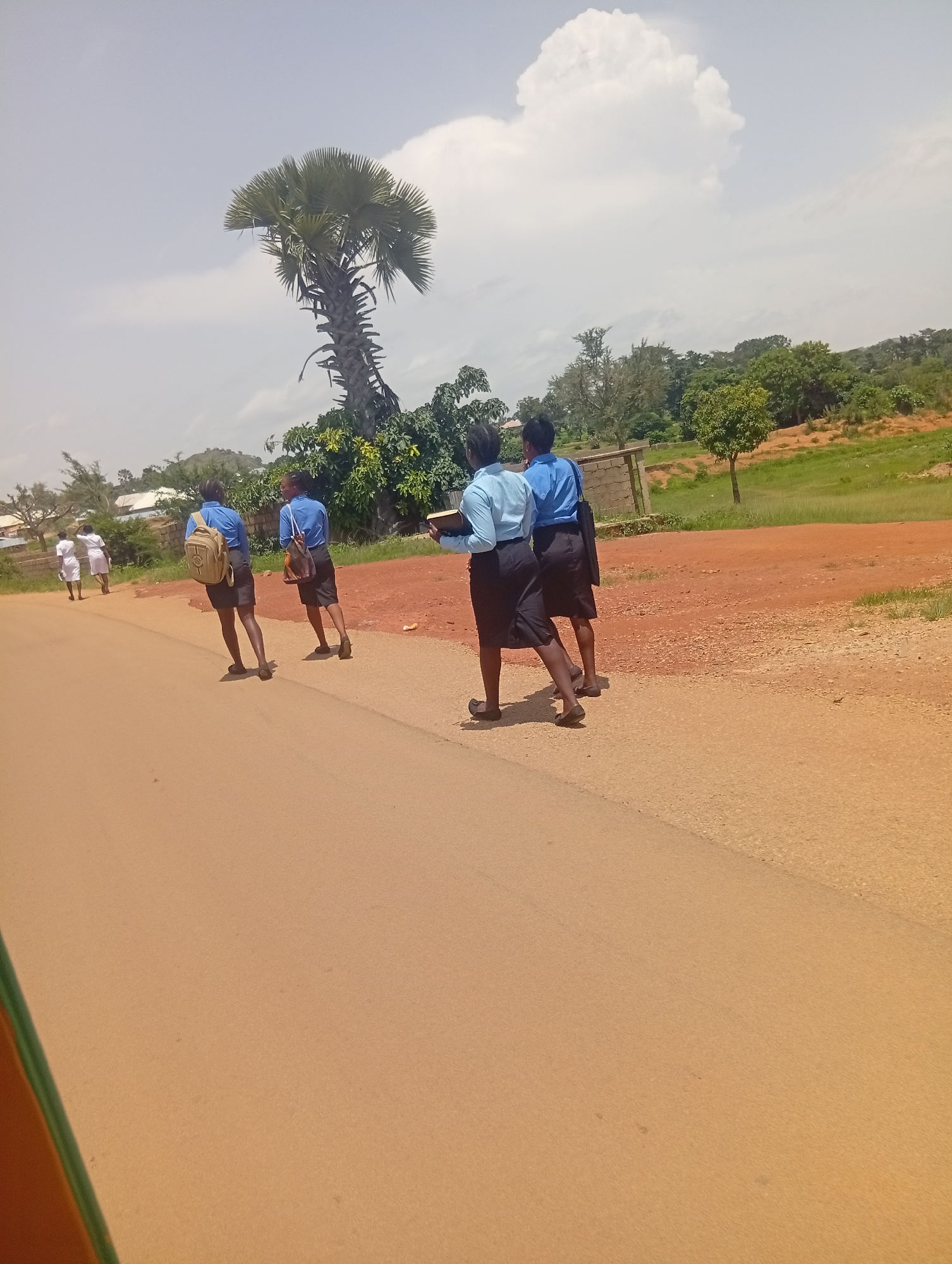 In the city of Du, Nigeria, four young individuals in school uniforms are walking on a paved road. Three of them are in the foreground, appearing to be students. The two closest are wearing blue shirts and dark skirts, one carrying a backpack and the other a handbag. The third student is slightly ahead and to the left, also in a blue shirt and dark skirt. Further down the road, two more figures in white uniforms are visible. The environment is rural or semi-rural, with green trees and vegetation lining the side of the road. A distinctive, tall palm tree stands prominently against a sky with scattered clouds. The road is made of brown asphalt or dirt, with a gravel shoulder on the right side. The scene suggests a school day with students walking home or to school.
