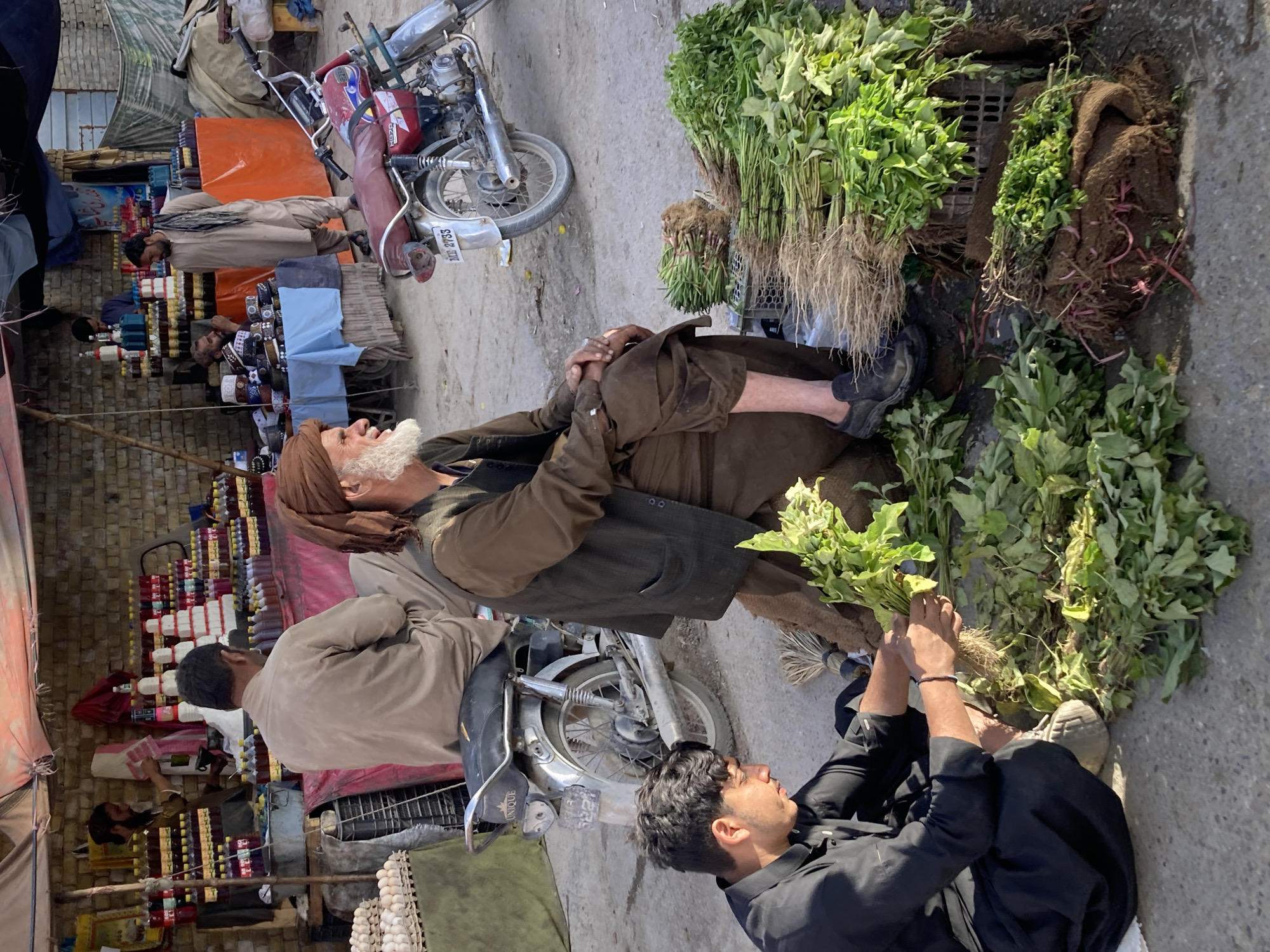 An outdoor market scene in Quetta City Tehsil, Pakistan. An elderly man with a turban and long white beard sits cross-legged near bundles of greens for sale. A younger man in black is kneeling nearby, bundling more greens. Two motorcycles are parked close by. Other vendors and merchandise are visible in the background, including eggs and a selection of bottled goods. The scene is lit by daylight.