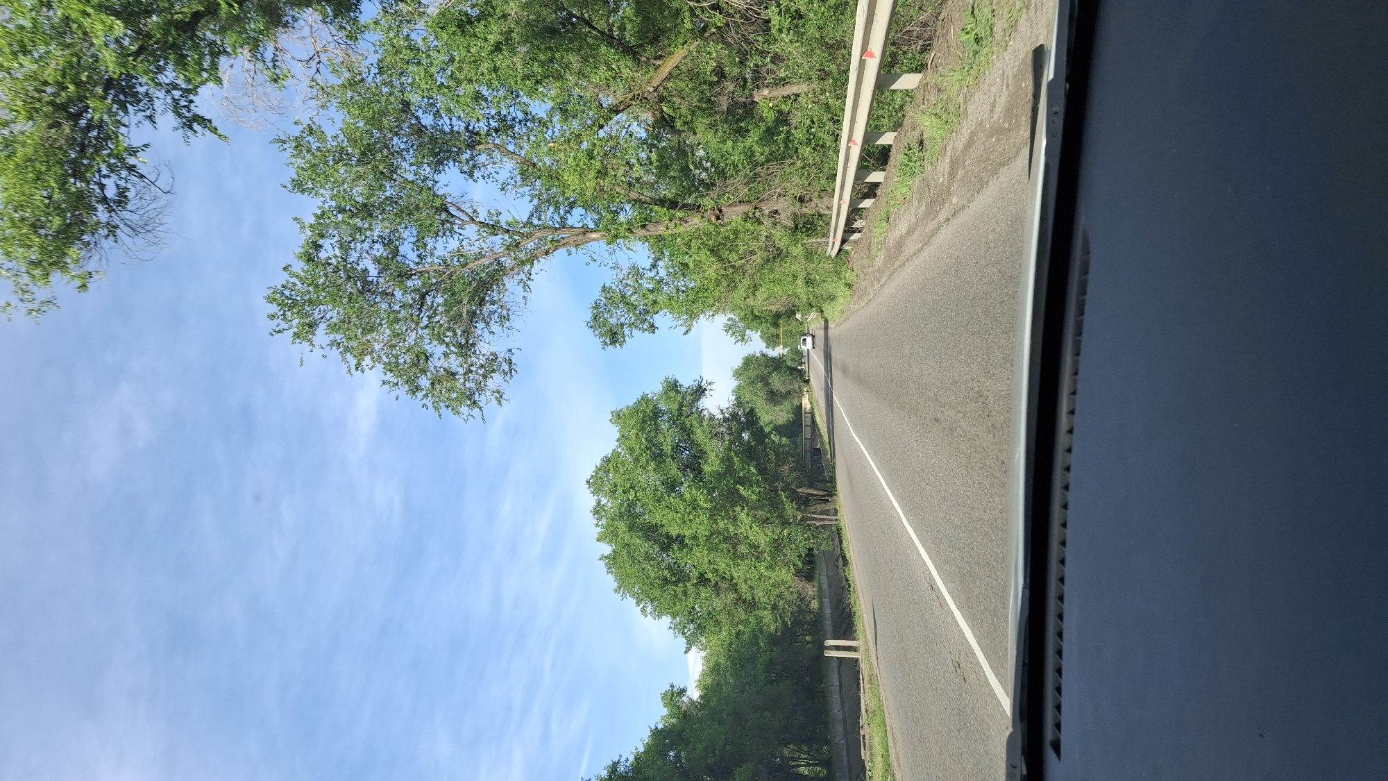 The image shows a road in Түзусай, Kazakhstan, lined with trees on both sides. A white line marks the center of the road, and a guardrail is visible on one side. A vehicle is seen in the distance on the road. The sky is blue with scattered clouds. The photo appears to have been taken from inside a vehicle, with part of the dashboard visible in the foreground.