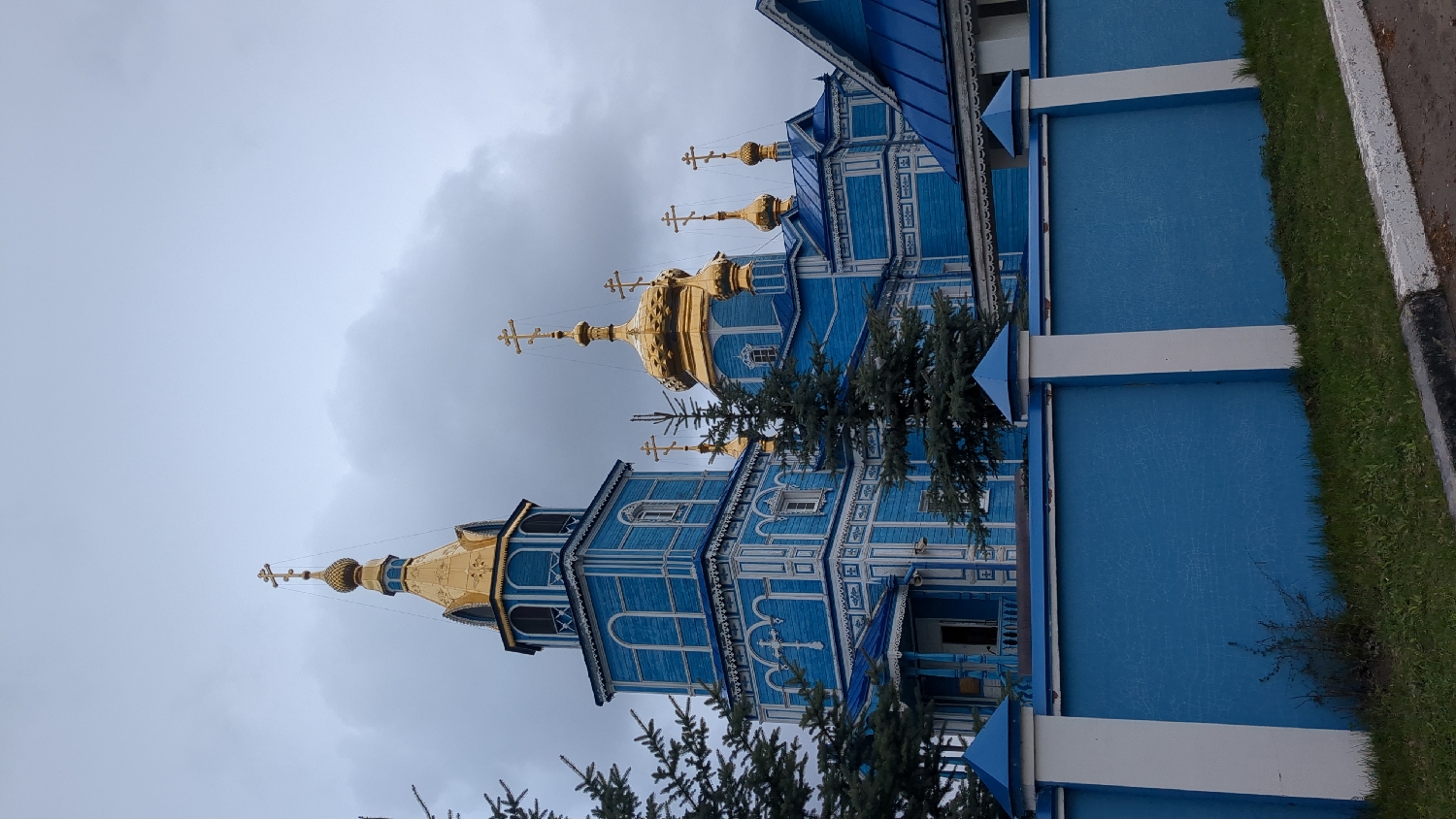 The image displays a vibrant blue Eastern Orthodox church with prominent golden onion domes and crosses, situated under an overcast sky in Ulyanovsk, Russia. The church's exterior is characterized by blue wooden siding adorned with intricate white decorative trim, highlighting windows, arches, and architectural contours. Several golden domes are visible, including a larger central one and smaller ones on adjacent sections and a bell tower-like structure, all topped with golden Orthodox crosses.
Patches of green evergreen trees and bushes are scattered around the church's base and in the foreground, partially obscuring the lower portions of the building. To the right of the church, a low blue wall or fence with white decorative pillars marks a boundary, beside which lies a strip of green grass and a dark, paved surface, likely a sidewalk or road. The sky is uniformly grey and cloudy, indicating overcast weather during the daytime. There are no people visible, nor any discernible activities taking place. No legible text is present in the frame. The image is oriented vertically.
