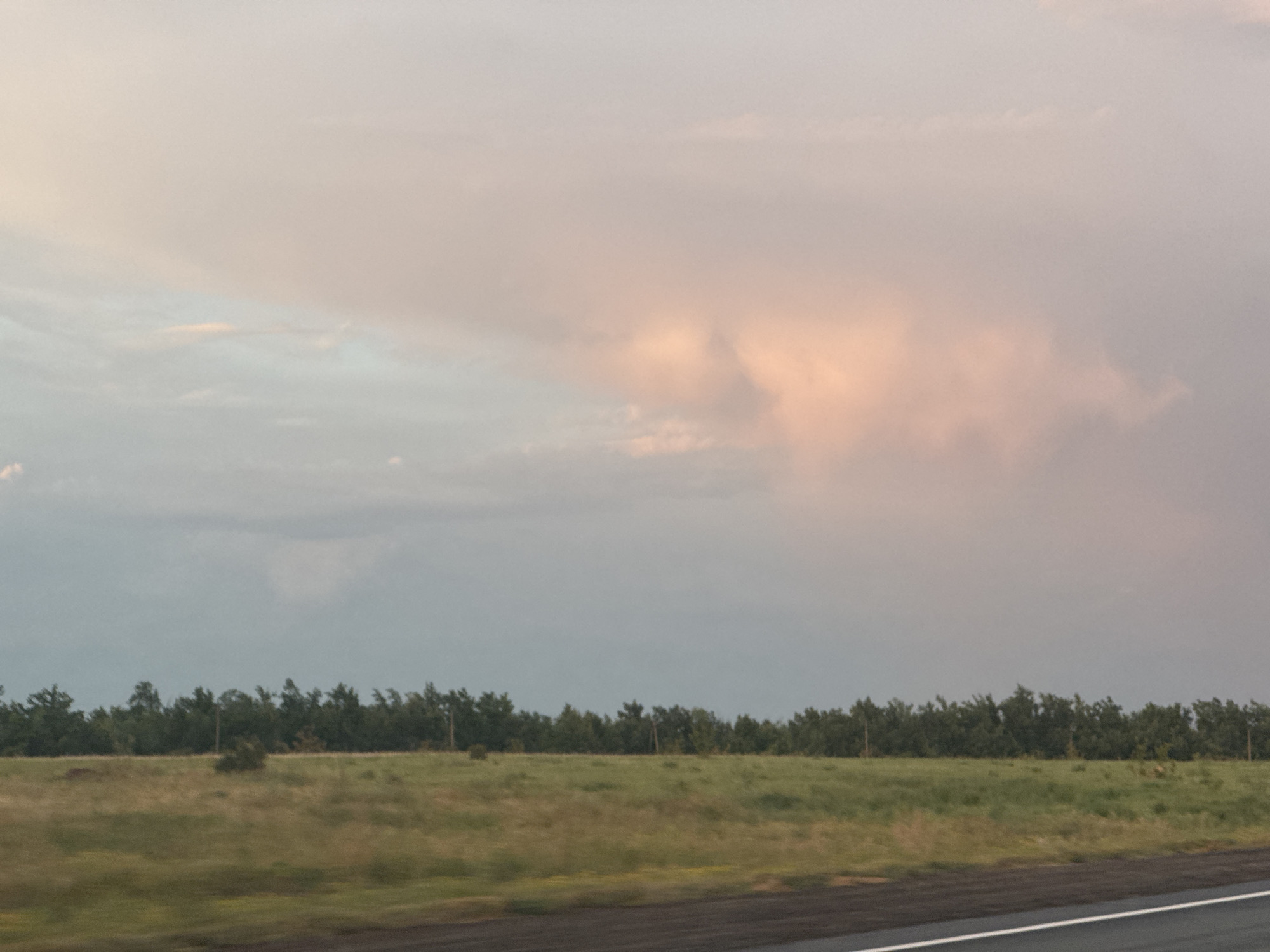 The image shows a landscape with a cloudy sky and a line of trees. The sky is a gradient of colors, with pale pink and grey hues. A field of grass with some yellow flowers is visible in the foreground, and a dark road with a white line runs along the bottom edge of the image. The overall scene suggests an outdoor environment, possibly a rural area. There are no people or animals visible in the image. The location of Perevolotsky, Russia, is provided as context for the image, but the image itself does not contain any visual cues to confirm this specific location.