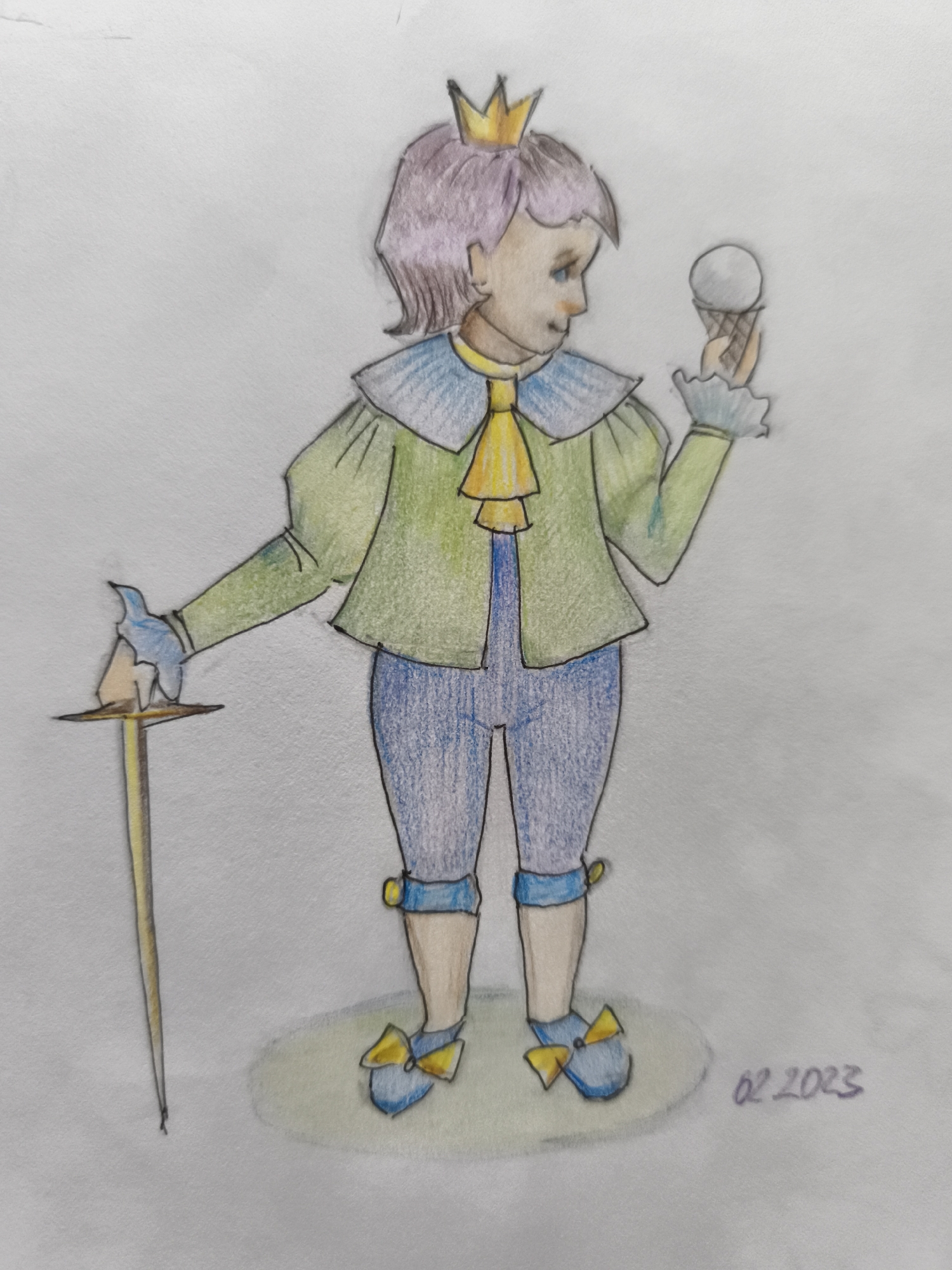 A colored pencil drawing on white paper depicts a child wearing a crown, a green jacket with a ruffled collar, blue pants, and blue shoes with yellow bows. The child is holding a sword in their left hand and an ice cream cone in their right hand. The drawing is signed "02 2023" in the lower right corner. The background is blank.