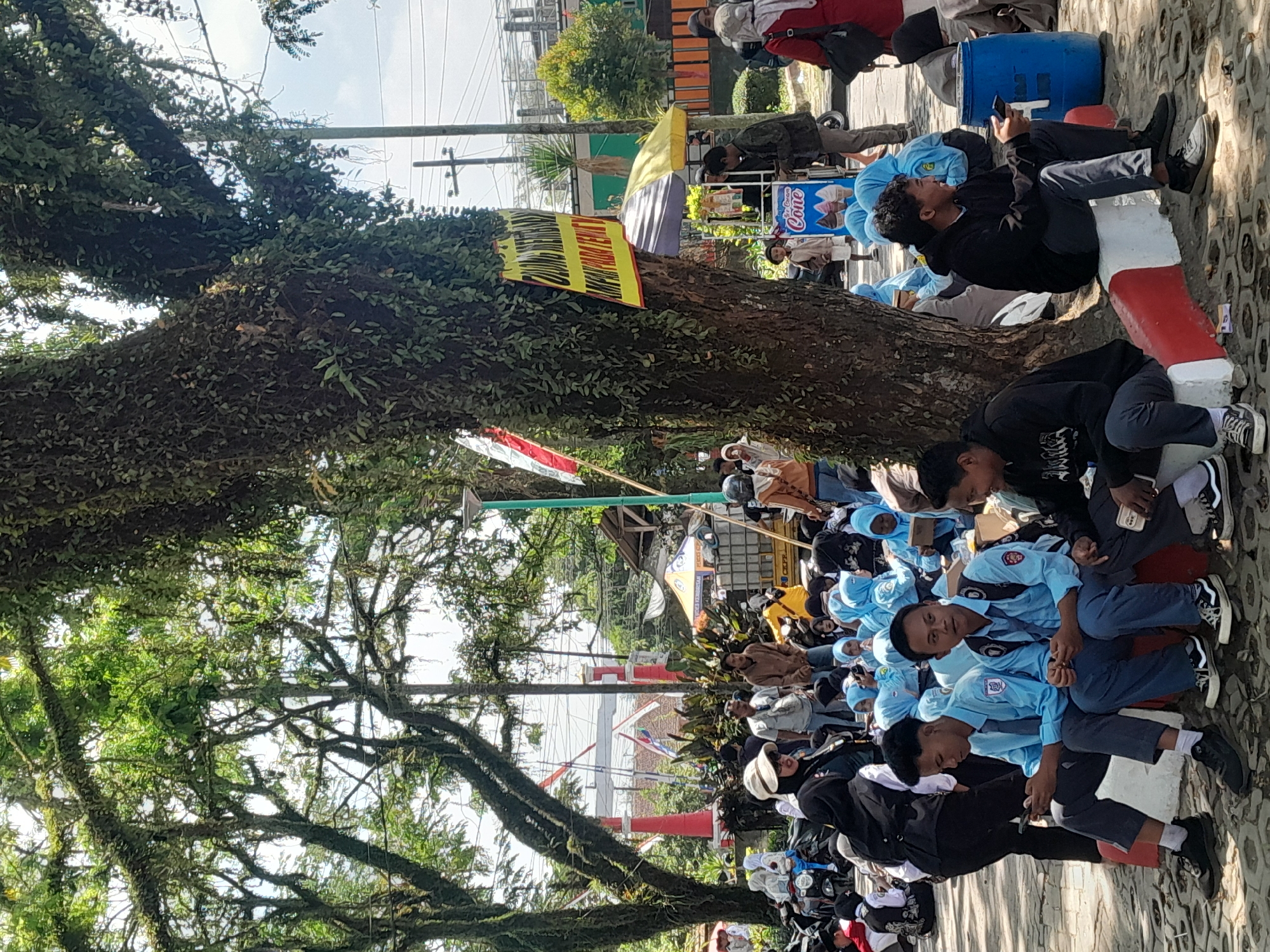 In Genteng Kulon, Indonesia, a group of young people, many in light blue school uniforms, are gathered outdoors under the shade of a large, moss-covered tree. The scene appears to be a public area, possibly near a school or community event, given the presence of school attire and flags. Some individuals are seated on a low, red-and-white painted curb, while others stand or are partially visible behind them. Several are looking at mobile phones, suggesting a casual break. In the background, there are tents, vehicles, and a brightly colored ice cream cart, indicating a lively atmosphere. The sunlight filters through the dense foliage of the tree, creating a dappled effect on the ground and illuminating the scene.