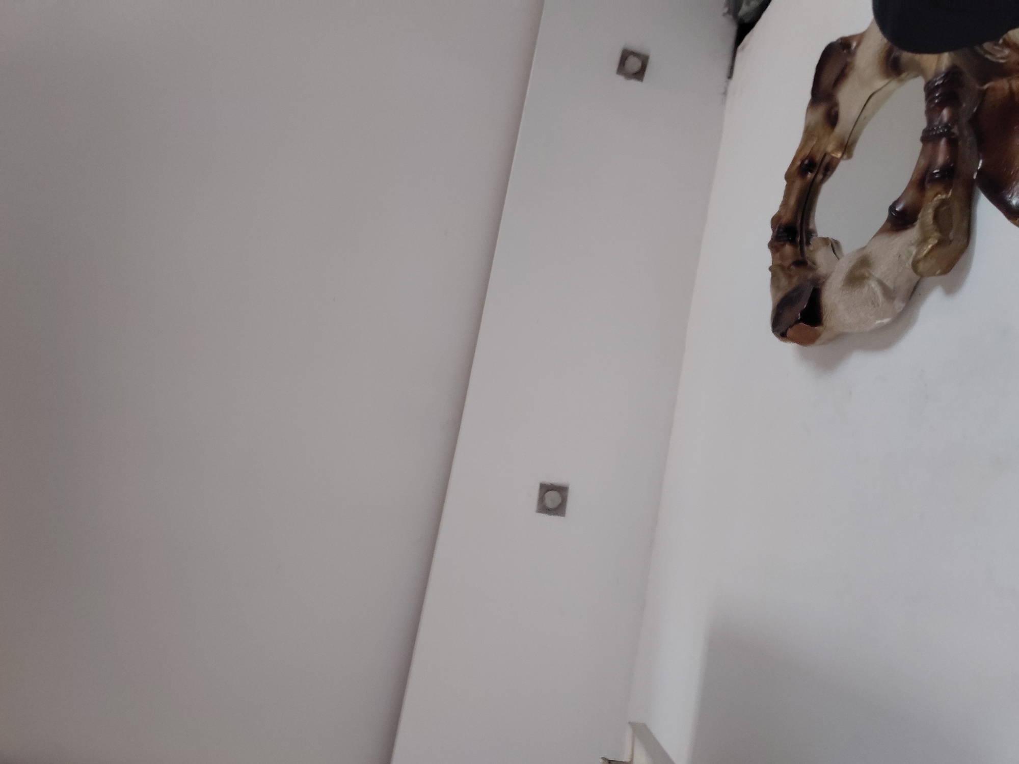 The image presents an interior scene with a tilted, upward-looking perspective, likely depicting a corner or section of a room. The dominant feature on the right is an abstract decorative object, possibly made of carved wood or resin, mounted on a plain white wall. This object has an organic, irregular, and somewhat gnarled shape, featuring a palette of earthy tones including browns, beiges, and darker, almost burnt-looking patches.
To the left of this object, a vertical white surface or wall displays two square-shaped recessed fixtures, possibly light sources or utility outlets, positioned at different heights. These fixtures have a dark, seemingly metallic center. The remaining areas of the image are composed of stark, light-colored, unadorned walls or ceilings, contributing to a clean and minimalist aesthetic.
No people are visible in the scene, and no specific activity or event is taking place. The lighting appears to be diffused and even, characteristic of indoor illumination without direct sunlight. There is no discernible text. This static interior setting is located in Santa Ana, Venezuela.