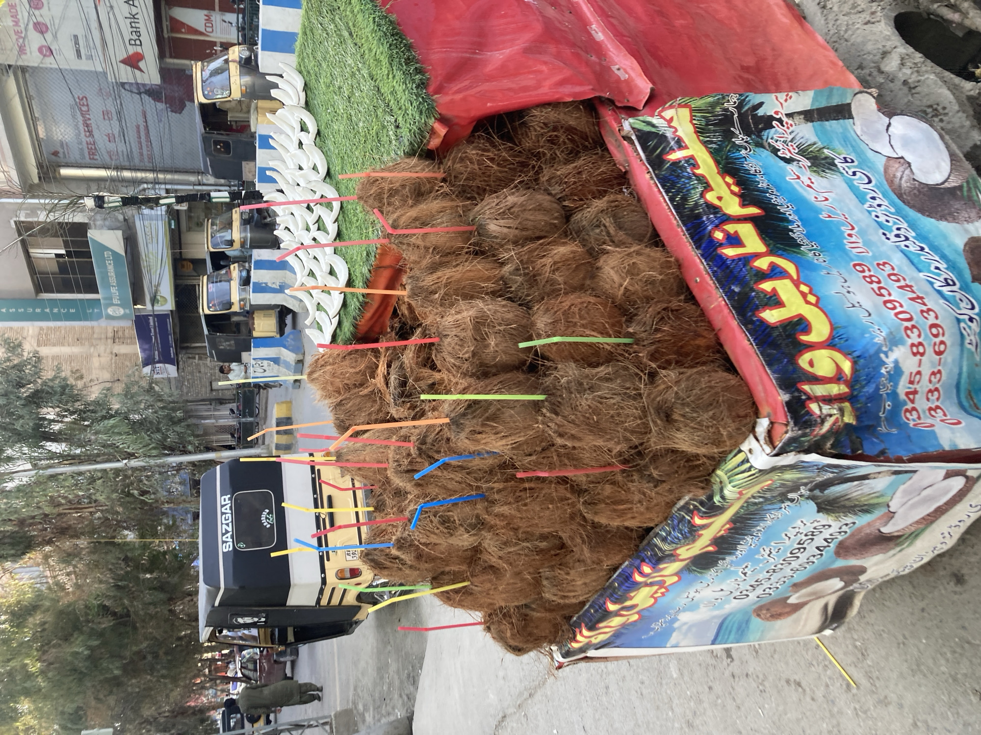 In the city of Quetta City Tehsil, Pakistan, the image features a street scene with a cart piled high with coconuts, each adorned with a colorful straw. The cart is positioned next to a three-wheeled vehicle labeled "SAZGAR." Banners advertising the coconuts are attached to the cart, with phone numbers and slogans in Urdu. Buildings line the street in the background, including one with signage for "EFU LIFE ASSURANCE LTD" and "Bank A." Pedestrians are visible along the street.