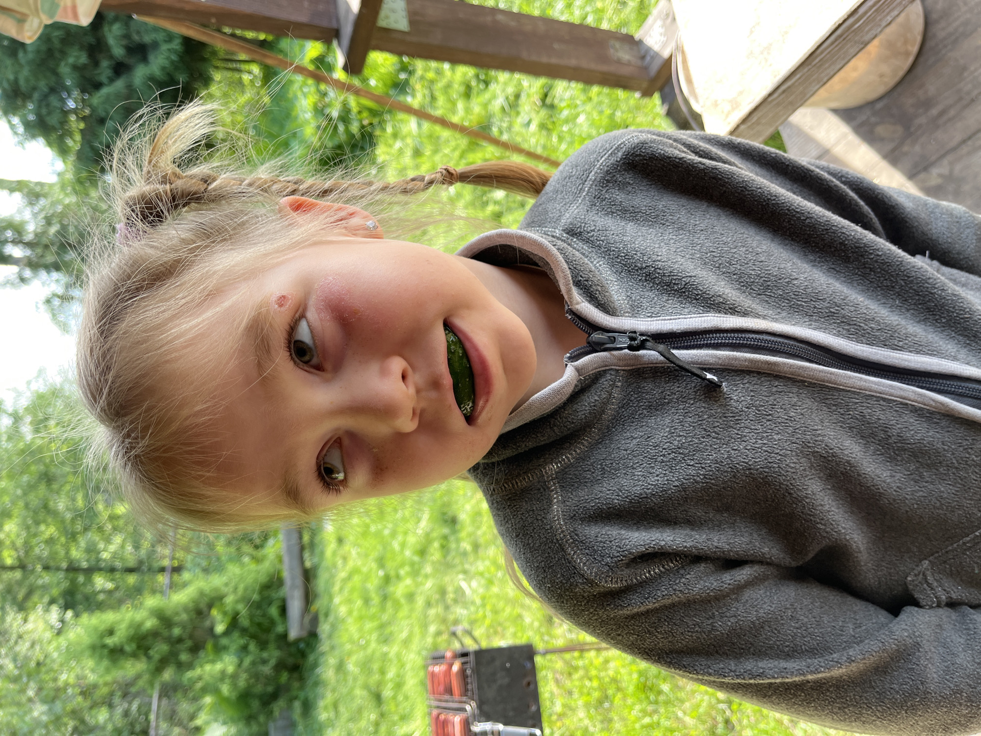 A young girl with blonde hair in braids is seen from a high angle. She is wearing a gray fleece jacket. She has a minor abrasion or scrape near her right eyebrow. She has a green object (possibly a cucumber) held in her mouth. The background is a green, grassy area, with a wooden structure above and behind her. A barbecue grill containing hotdogs is visible near the bottom edge of the photo. The location appears to be outdoors, possibly a backyard or park area. There is no information provided in the image that indicates a specific location such as Chaikovsky, Russia.