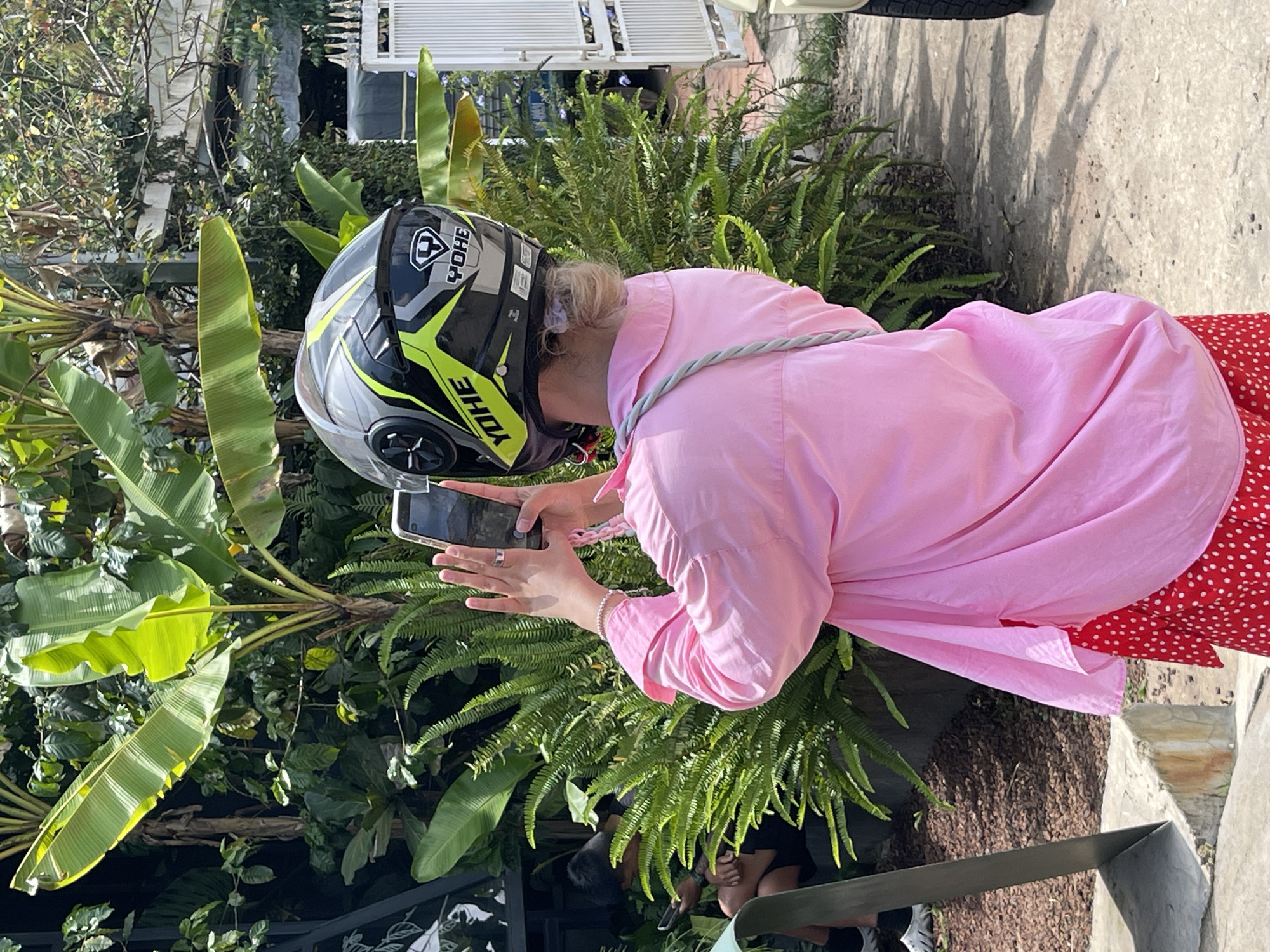 A person wearing a pink shirt, a red polka-dotted skirt, and a grey and yellow motorcycle helmet is holding a smartphone and appears to be taking a photo or video. The person is standing in front of a dense patch of ferns and broad-leafed plants resembling banana trees.
The scene is outdoors, likely in a garden or park area, with a paved path visible in the background. A metal fence is also visible in the background.
The image may be from Cam Ly - Đà Lạt, Vietnam, based on information given. However, the image itself does not provide specific clues to verify the location.