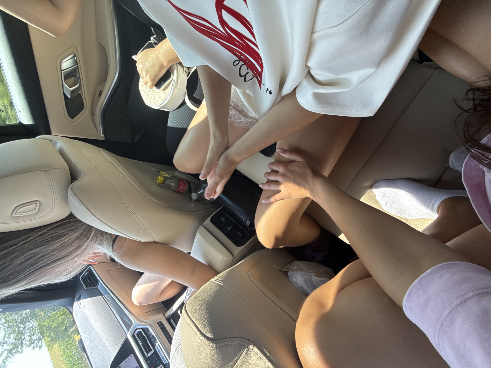 The image shows the interior of a car, likely a modern SUV, with several people in the back seat. The upholstery is light-colored leather. The environment outside the car, visible through the window, suggests a rural or semi-rural setting with greenery and possibly fields. The car is equipped with typical amenities like air vents, door handles, and a central console. The people are dressed casually, and their interactions are not clearly discernible beyond their proximity to each other within the vehicle. The focus of the image is on the interior of the car and the people within it, with no specific landmarks that would definitively place it in Arpașu de Jos, Romania.