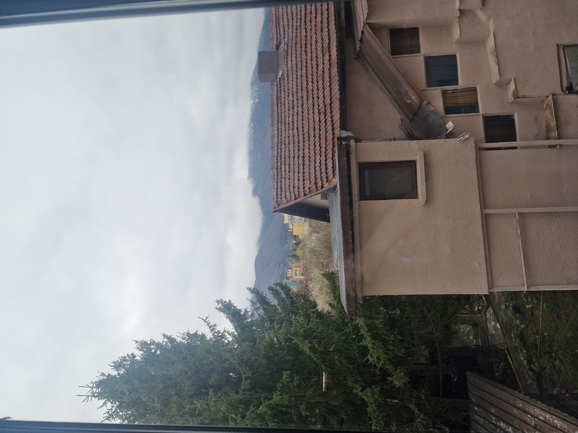 A view from a window presents a scene with a complex interplay of natural and built environments. The foreground is dominated by a large evergreen tree, partially obscuring a view of a mountainous backdrop shrouded in mist and low-hanging clouds. Buildings are visible in the midground, including a structure with a terracotta tile roof, its facade featuring multiple windows and architectural elements. A light-colored building stands adjacent, exhibiting a similar style. The sky overhead is overcast, suggesting a cool or wet day. The scene is likely located in a residential area, considering the proximity of the buildings and the presence of mature vegetation. While specific people or actions are not visible, the presence of the built environment suggests human habitation and activity in the area. Given that Sofia, Bulgaria is a city surrounded by mountains, the scene could very well be located in a residential area of the city.