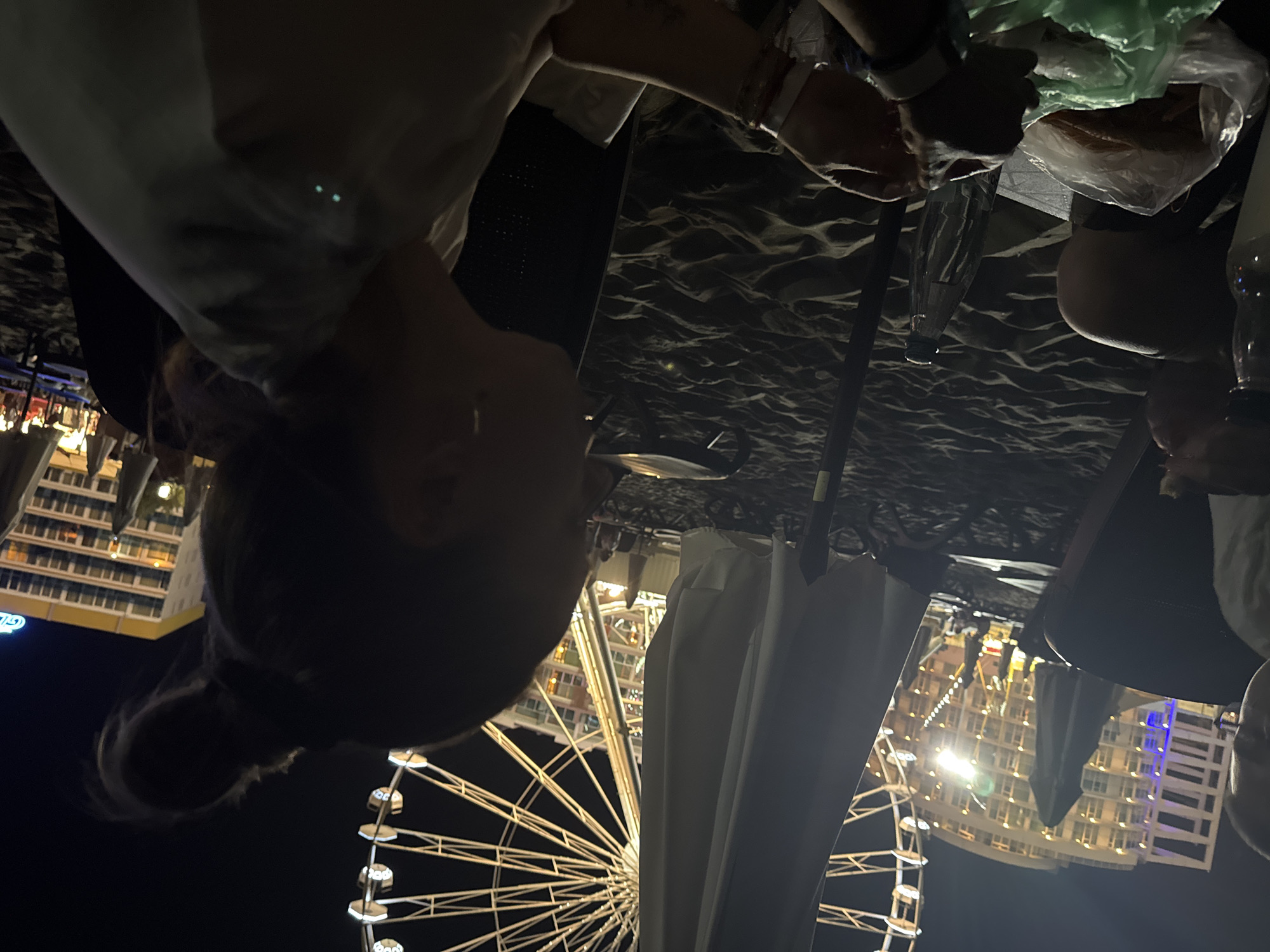In the city of Nesebar, Bulgaria, at night, a group of people are seated on a sandy beach near the sea. A large Ferris wheel is visible in the background, illuminated and rotating. The beach is dotted with beach chairs and umbrellas. In the foreground, a woman with her hair tied up in a bun is in profile, facing right. She is wearing a light-colored top. Her hands are in her lap, holding what appears to be food. In front of her on a table are a plastic bag filled with food, a bottle of water, and another bottle, possibly containing a beverage. Another person is partially visible on the left side of the frame, wearing glasses and a light-colored shirt. The lighting is dim, with artificial lights from the Ferris wheel and nearby buildings illuminating the scene. The sand dunes and the dark sky indicate it is nighttime.