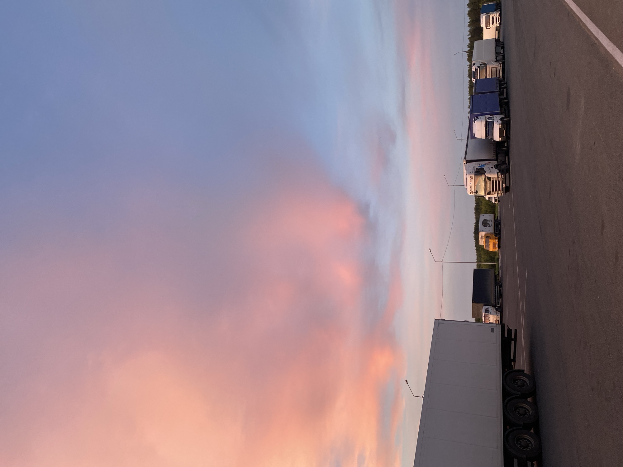 A truck stop parking lot at sunset in Sazonovo, Russia, features a line of parked semi-trailer trucks. The sky is filled with dramatic clouds, displaying a gradient of pink and purple hues transitioning into blue. In the foreground, the side of a large white trailer is prominently visible, with its tires and undercarriage illuminated by the setting sun. Further down the row, other trucks are parked, including a white truck with a dark trailer, a white truck with a yellow cab, a white truck with blue trailers, and a white truck with a white trailer. Streetlights are positioned along the parking lot. A line of trees can be seen in the background. No people are visible in the image.