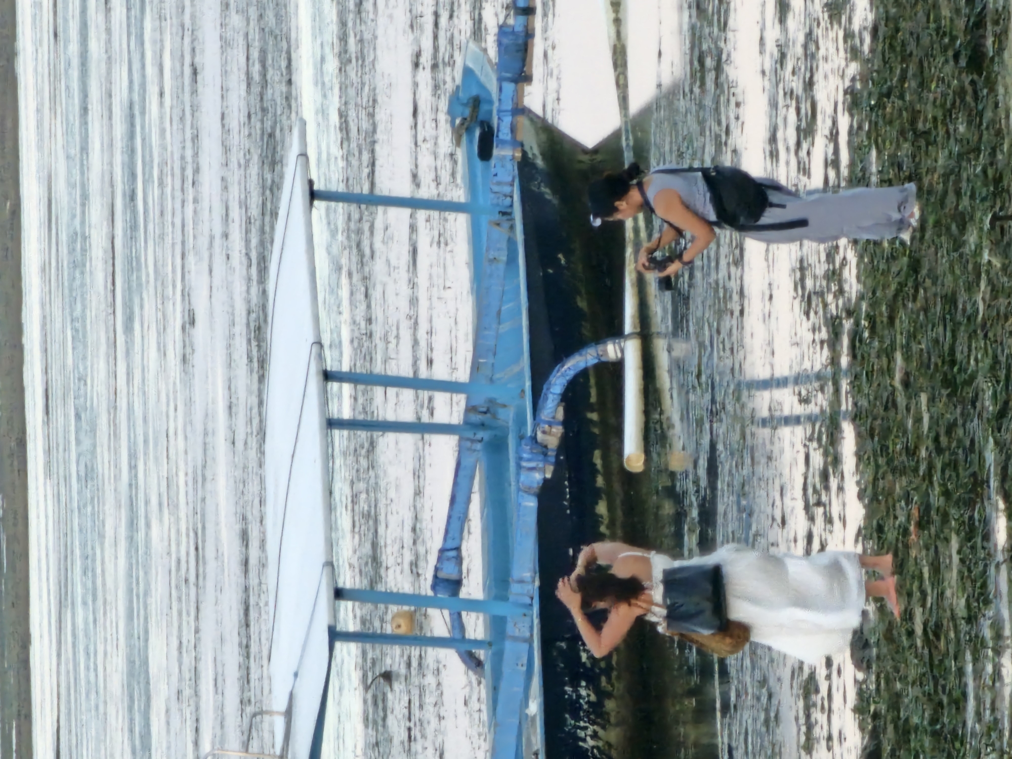 Two women are on a beach in Denpasar, Indonesia, near a blue boat. One woman, wearing a white dress, stands with her back to the camera, holding a bag over her shoulder and adjusting her hair. The other woman, in a gray outfit, faces away from the camera and holds a camera, appearing to take a photo. The boat, partially in the water, has a white canopy supported by blue poles. The foreground is covered in green seaweed and shallow water. The background is a blurred expanse of water with horizontal ripples.