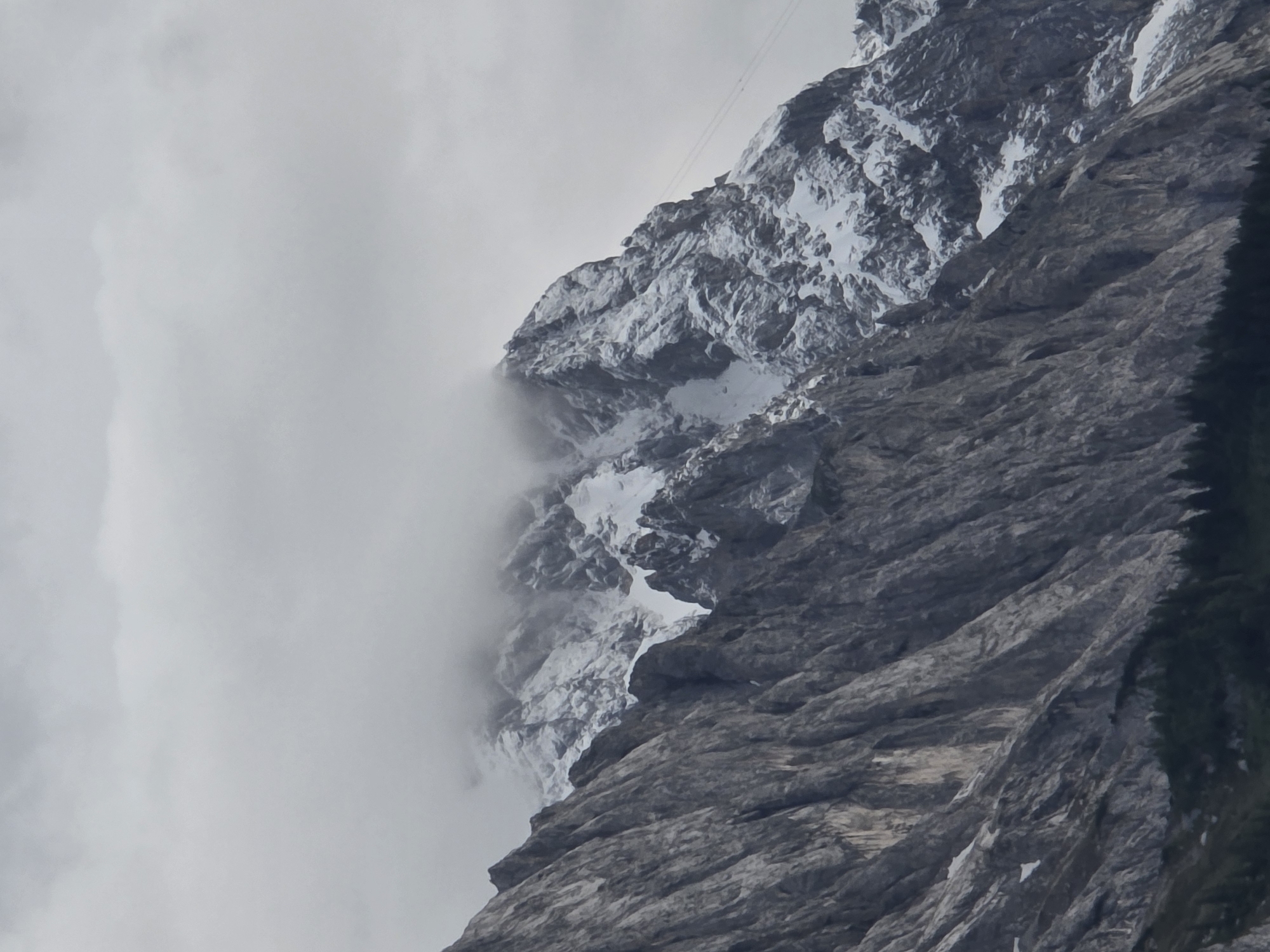 This image depicts a mountain landscape with a snow-capped peak partially obscured by clouds. The foreground features a steep, rocky mountainside with prominent striations. In the background, a higher mountain peak is covered in snow and rocky outcrops. Two thin, dark lines that appear to be cable car cables are visible against the snow-covered mountain. The sky is overcast with thick, gray clouds. At the very bottom of the image, a dark band of evergreen trees suggests a forested area at the base of the mountains. The scene conveys a sense of rugged, natural beauty and a cool, potentially cold, atmospheric condition. This is a view of the Zugspitze massif near Garmisch-Partenkirchen, Germany, a prominent peak in the Bavarian Alps known for its challenging terrain and the cable cars that ascend its slopes.