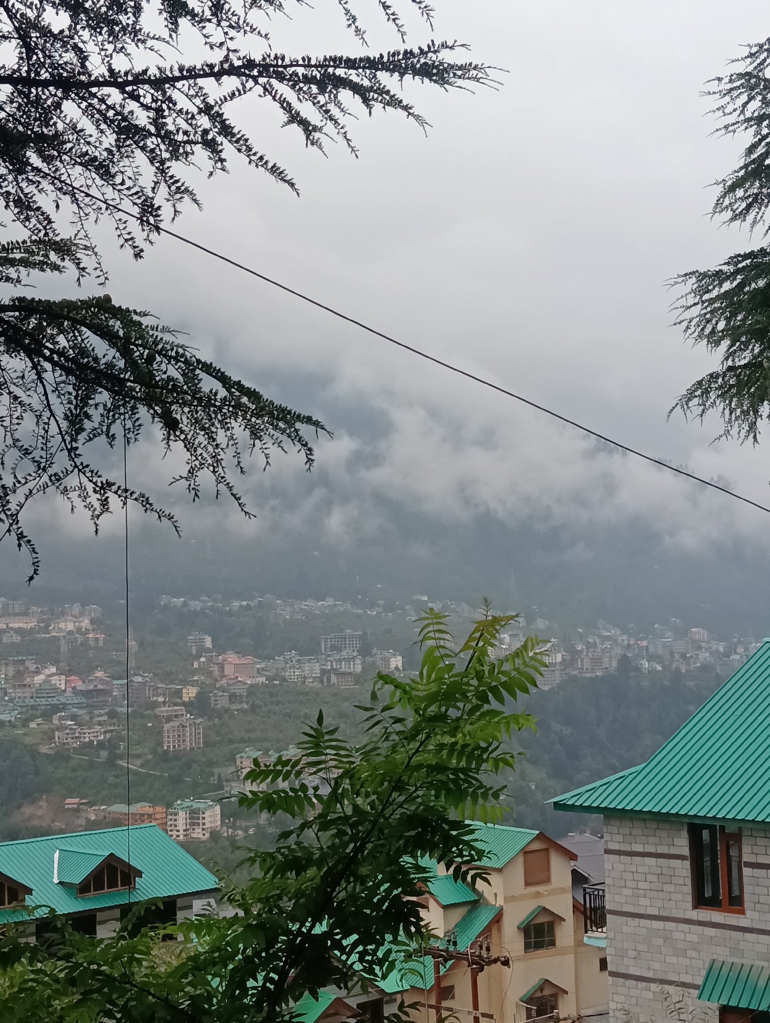 This is a vertical, eye-level, outdoor photograph of a hillside town in Chhyal, India. In the foreground, to the left, is a section of a dark green roof with two dormer windows. To the right, a light-colored brick building with horizontal dark grey banding has a dark brown framed window and a dark metal balcony. Further to the right and below is another dark green roof. A large, leafy green tree dominates the bottom center and right of the frame, obscuring some of the foreground buildings and extending upwards.
In the mid-ground, more buildings with dark green roofs are visible, nestled on the hillside. These buildings are a mix of beige and white, with varying architectural styles. A black wire extends diagonally across the frame from the upper left to the mid-right.
The background depicts a densely populated town built on a steep incline. The buildings are a variety of colors, including white, beige, pink, and light blue. The town recedes into the distance, becoming less distinct due to atmospheric haze. Above the town, a thick layer of grey clouds obscures the upper reaches of the mountains and the sky, creating a misty and diffused light. Branches of a dark-leaved tree frame the top of the image.